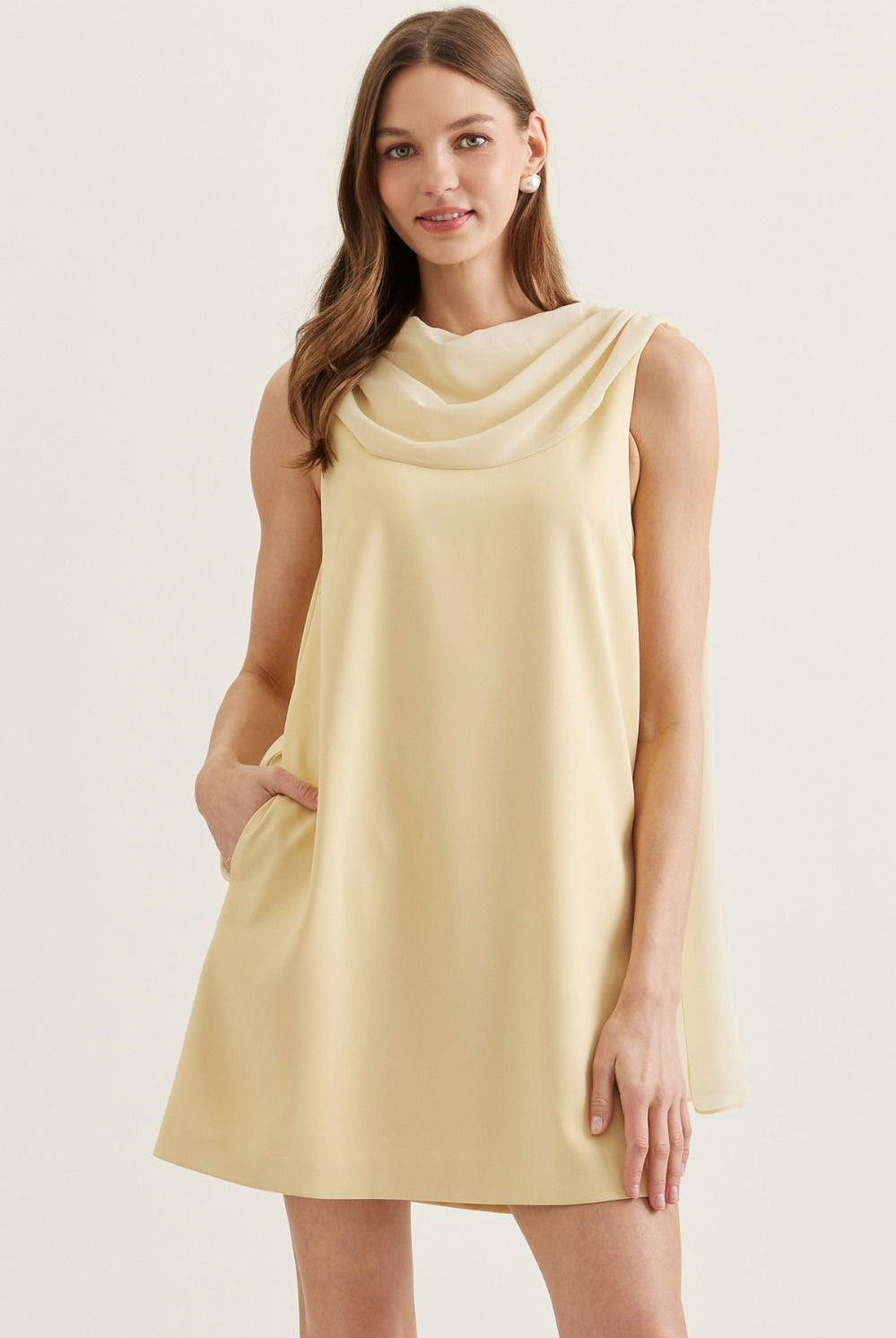 ENTRO Francine Draped Cowl Neck Dress, elegant 125 dressy dress with flowing fabric and cowl neckline, perfect for formal occasions.