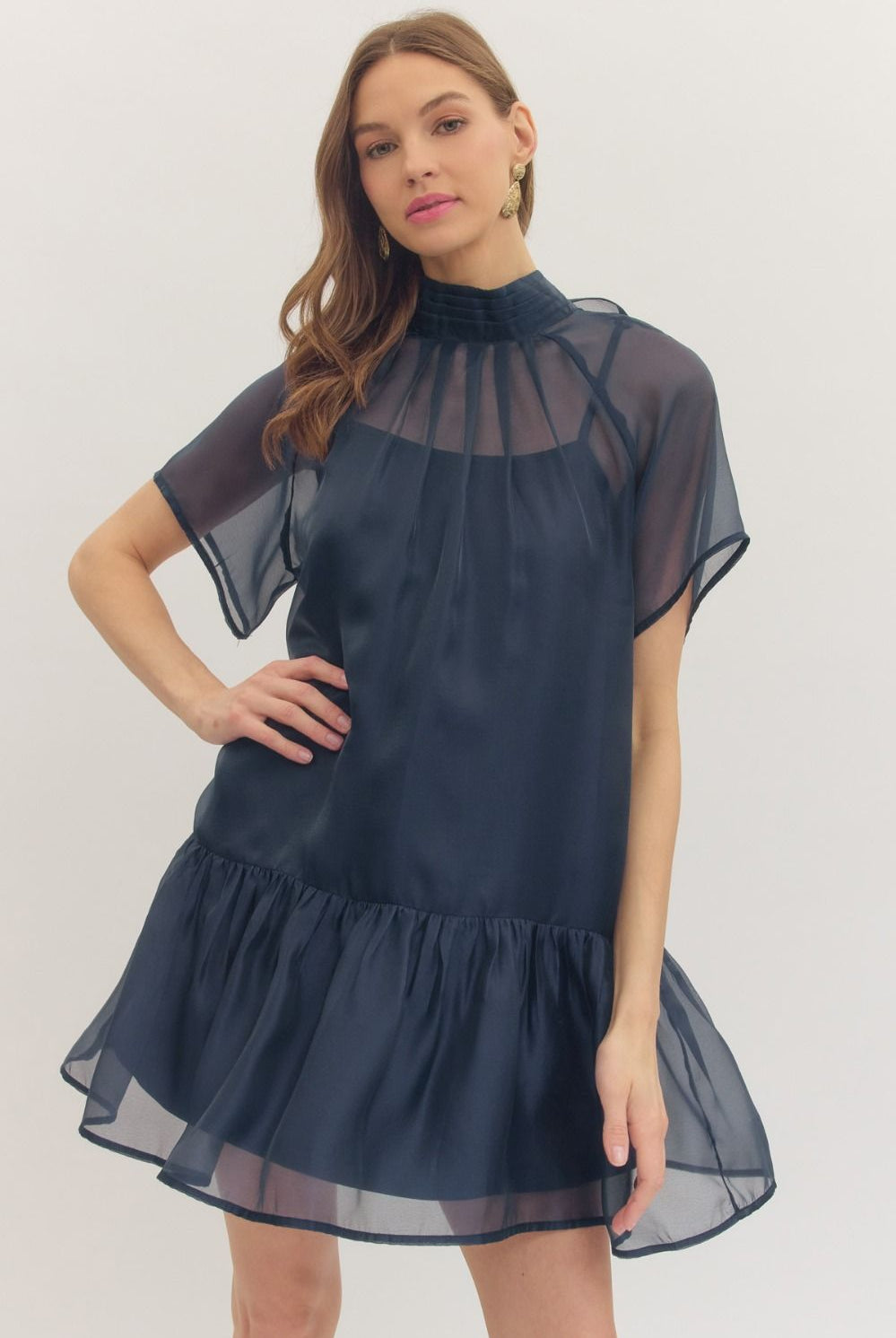 Navy flutter sleeve mock neck dress by ENTRO, stylish and elegant 125 dressy dress with a flattering fit for special occasions.