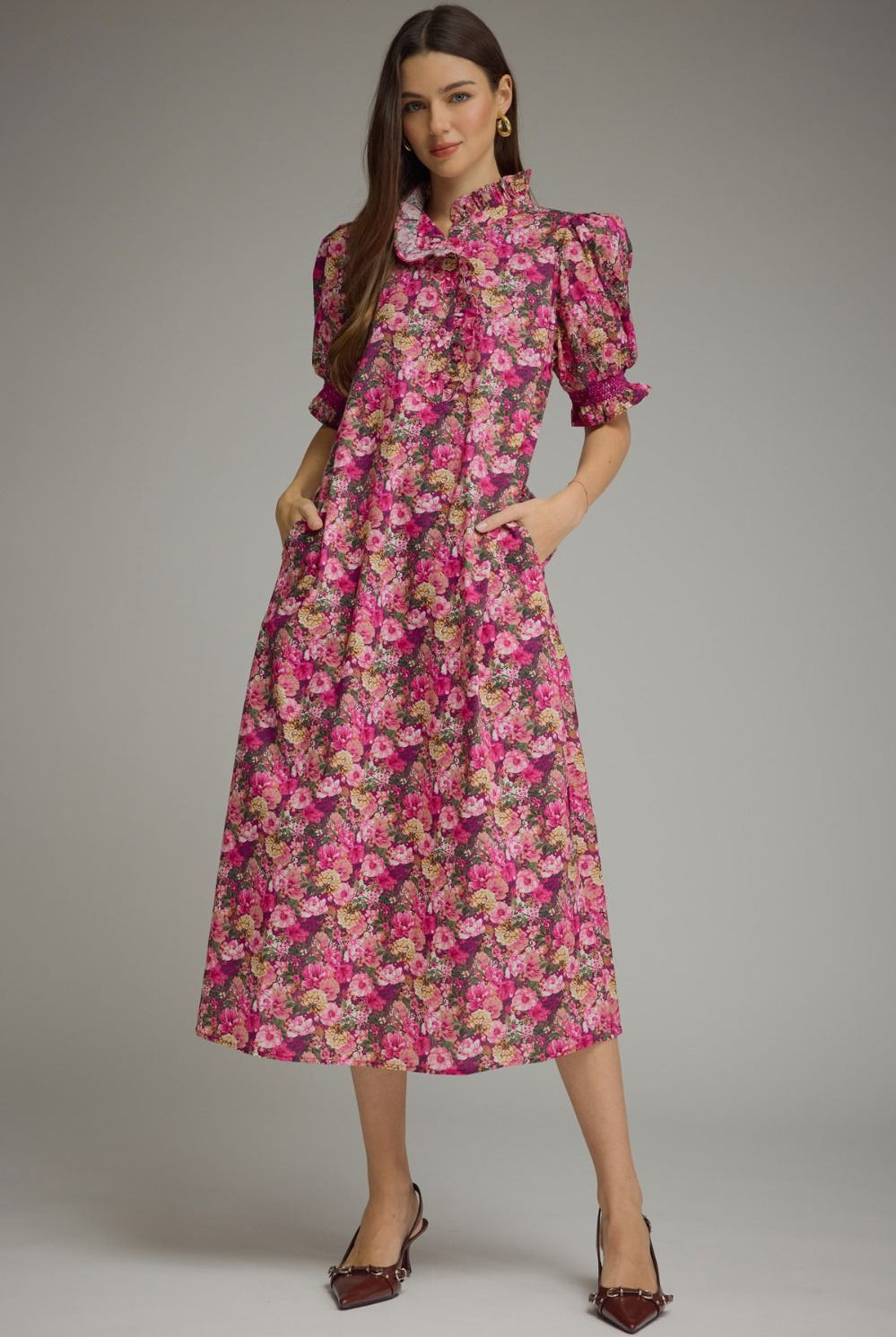 Kimmie Floral Ruffle Trim Dress by ENTRO, a stylish dress with floral pattern and ruffle details, perfect for dressy occasions.