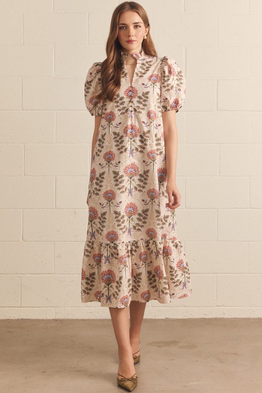 Floral printed Frankie split neck midi dress by ENTRO, featuring a flowy design and elegant style for dressy occasions.