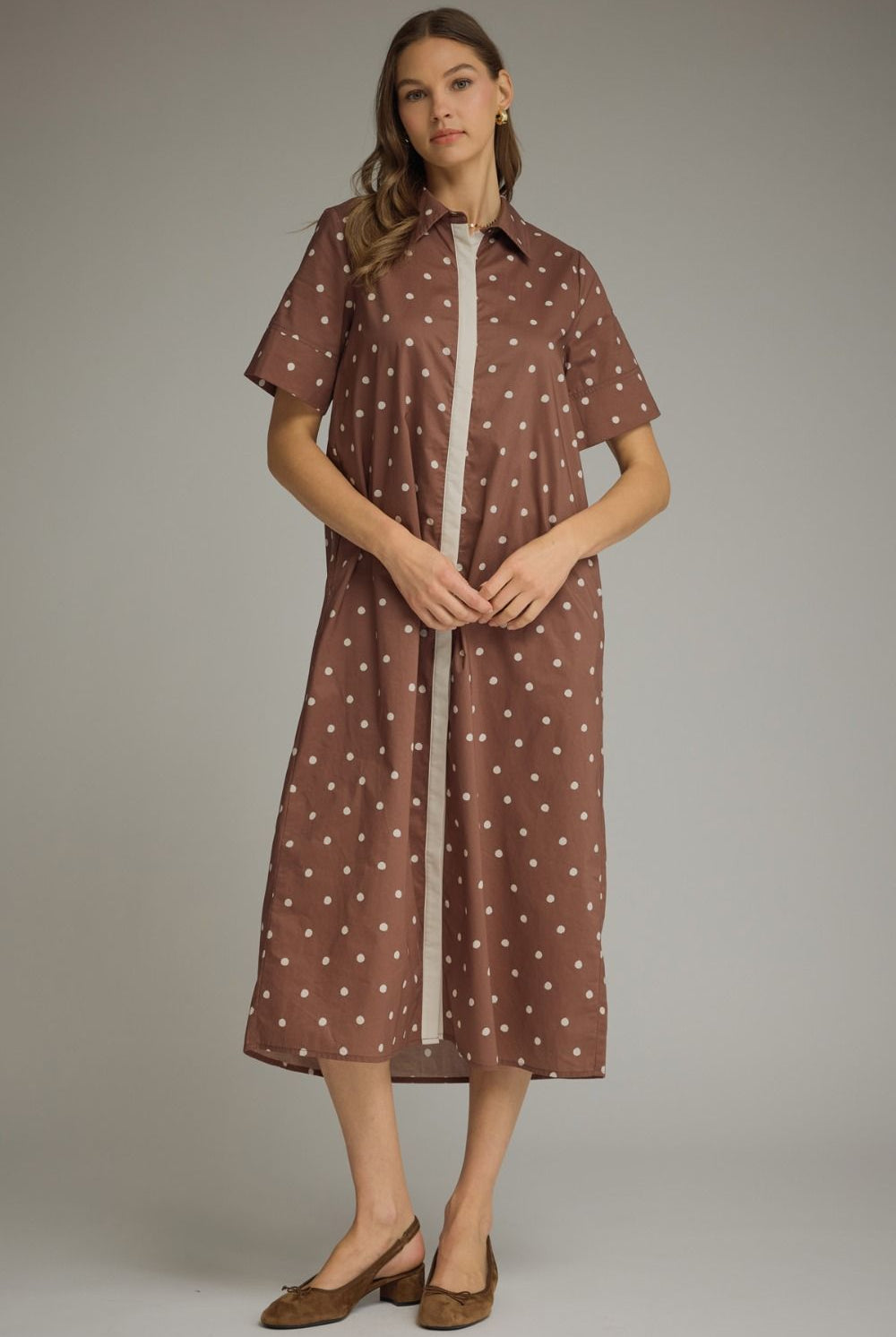 ENTRO Cory polka dot button-down midi dress, stylish dressy dress with long sleeves and button front, perfect for elegant occasions.