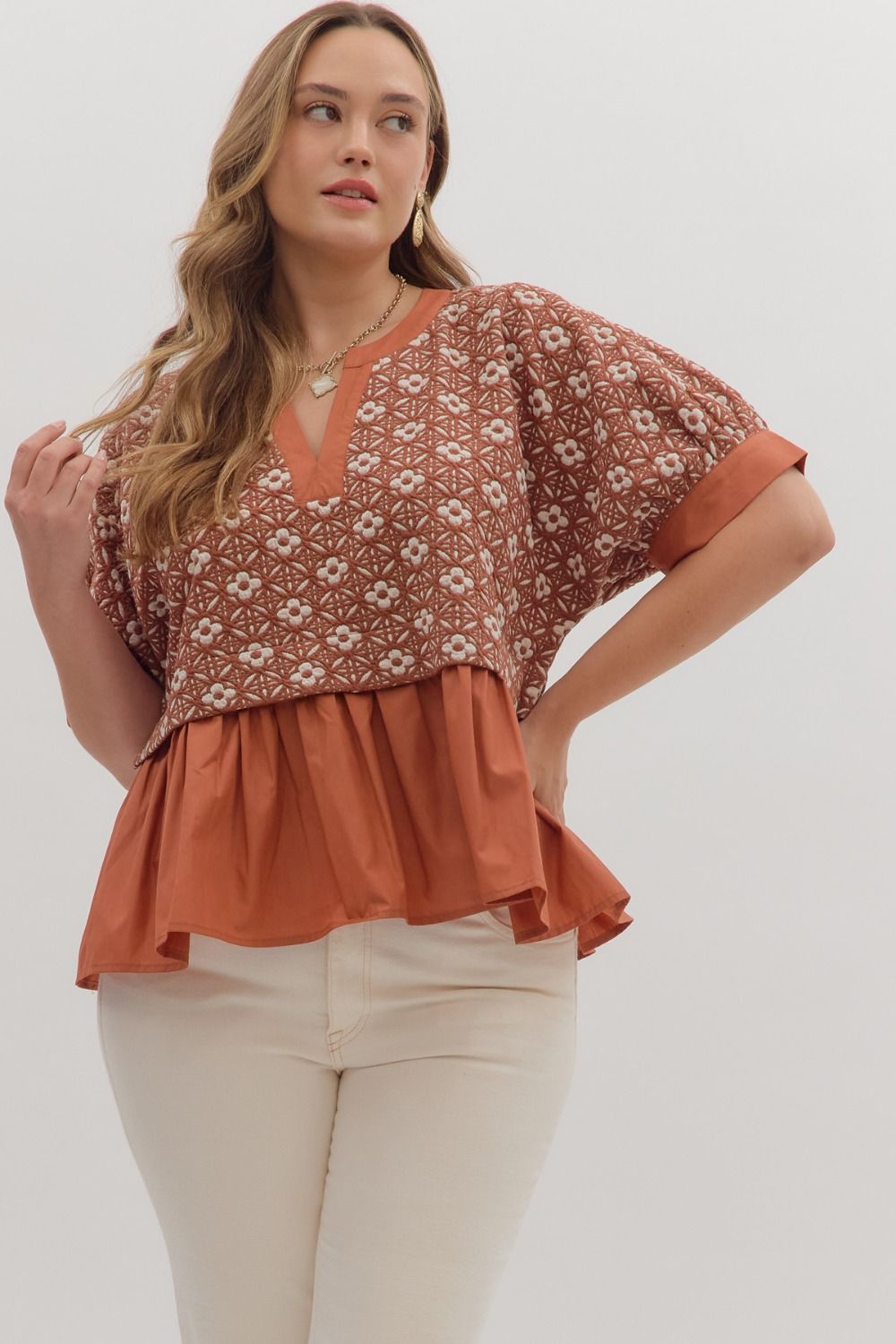 Francine Floral Jacquard Ruffle Hem Top - Be You Boutique
