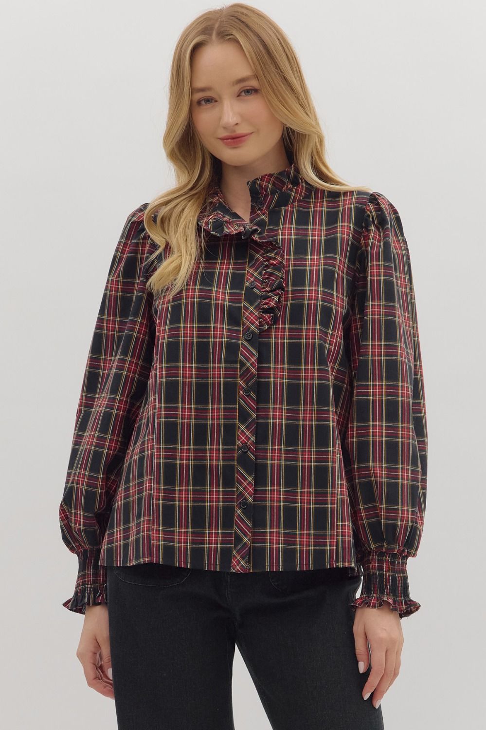 Blixen Plaid Ruffle Trim Top - Be You Boutique