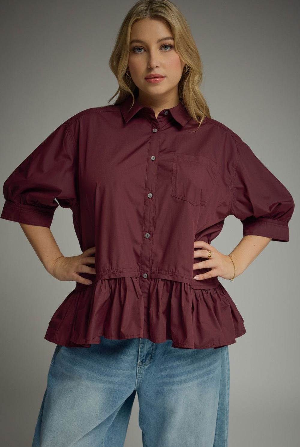 ENTRO Carrie Merlot button-down ruffle hem top, stylish dressy blouse with elegant details, perfect for sophisticated occasions.