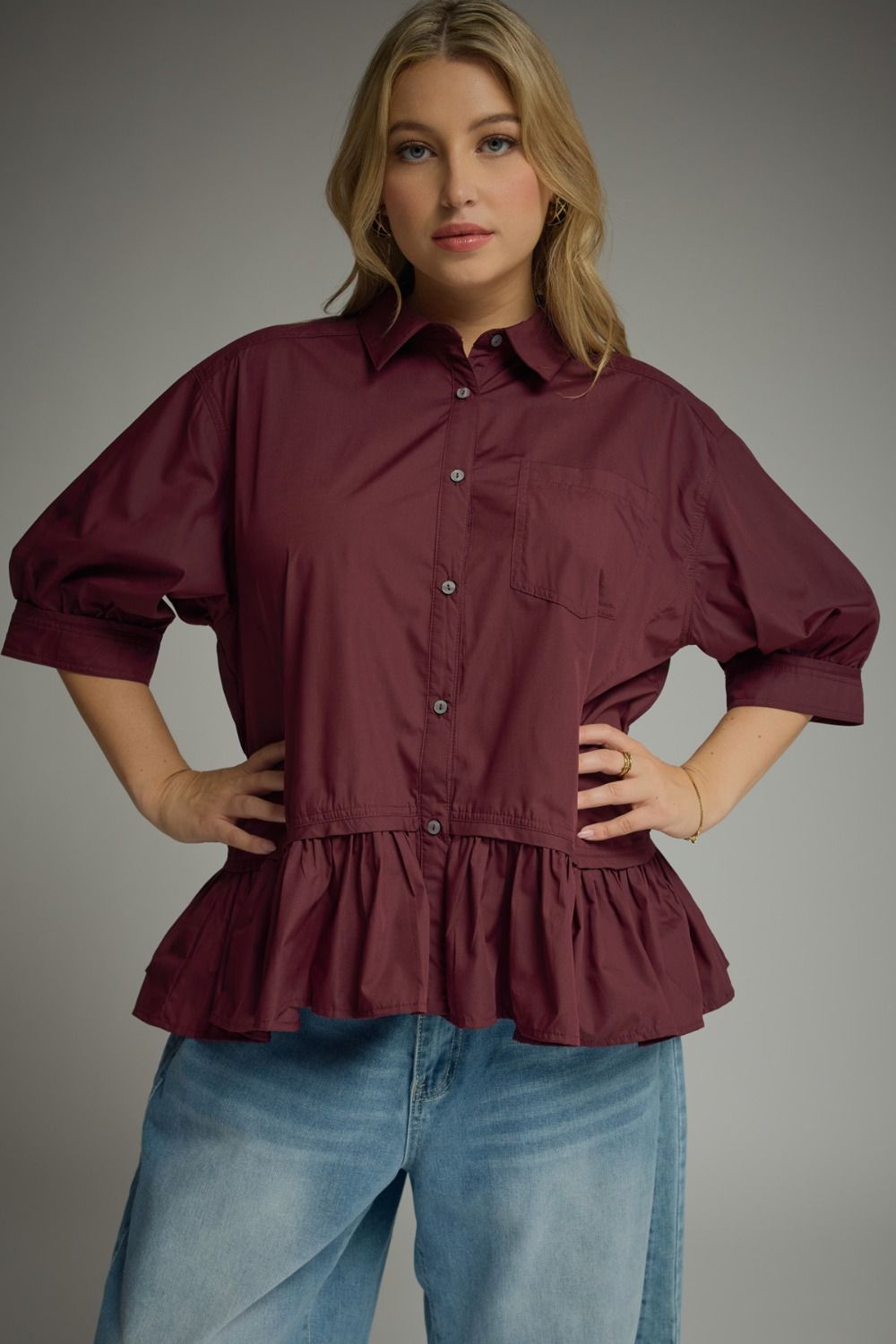 ENTRO Carrie Merlot button-down ruffle hem top, stylish dressy blouse with elegant details, perfect for sophisticated occasions.