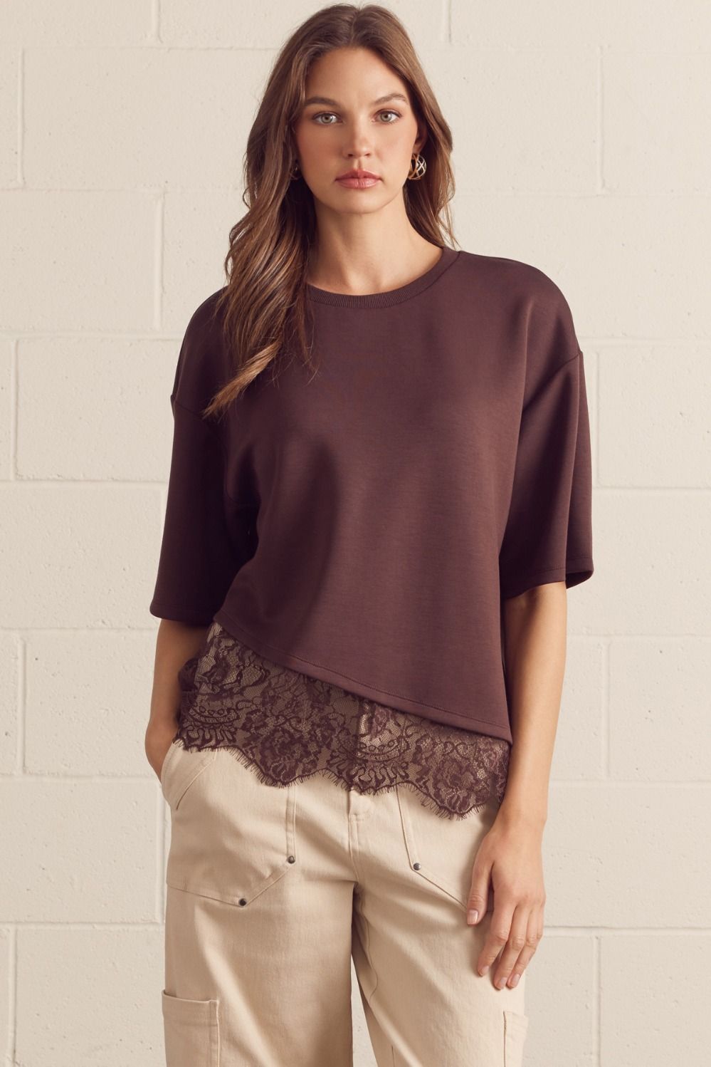 Bethany Brown Lace Trim Classic Top by ENTRO, 105 casual top with lace detailing, shown in a stylish, relaxed fit.