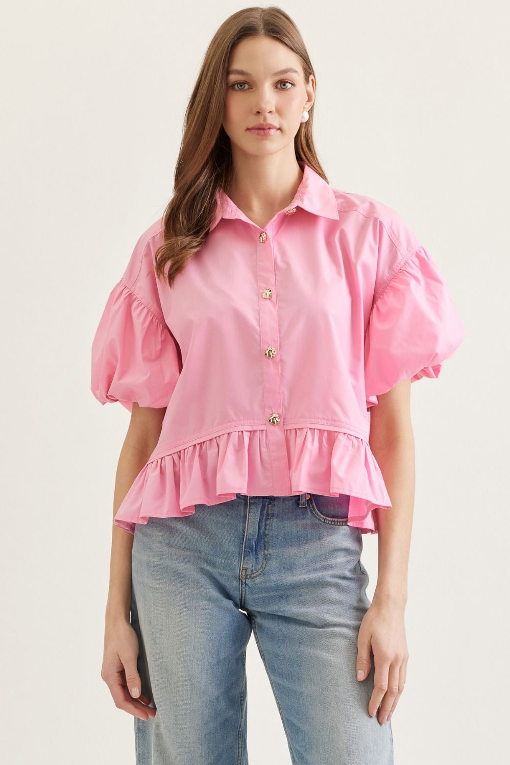 Pink Maggie ruffle hem top by ENTRO, casual 105 top with feminine ruffle details and a relaxed fit.