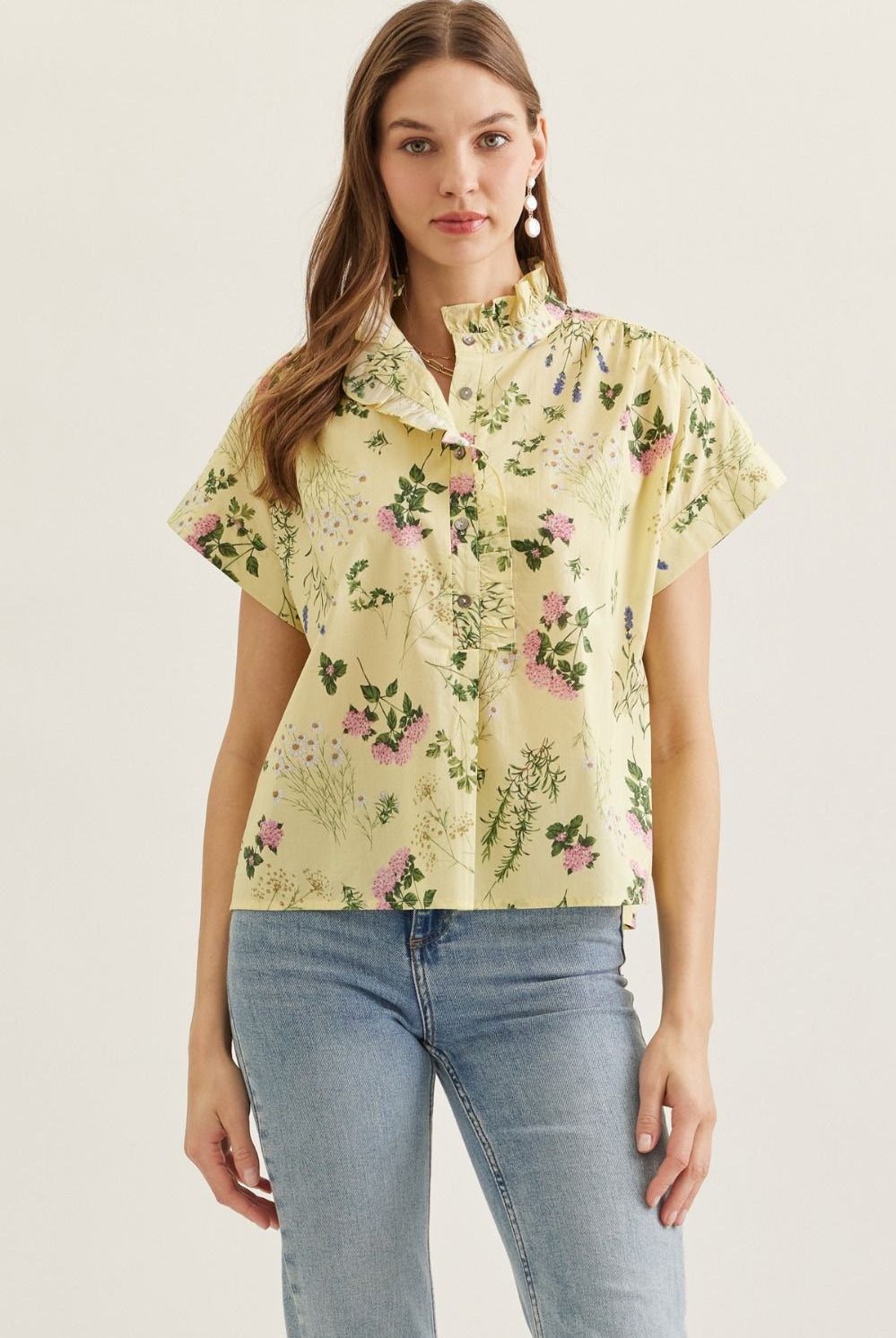 Beth Floral Ruffle Trim Top by ENTRO, a stylish 110 dressy blouse with floral pattern and ruffle details, perfect for elegant occasions.