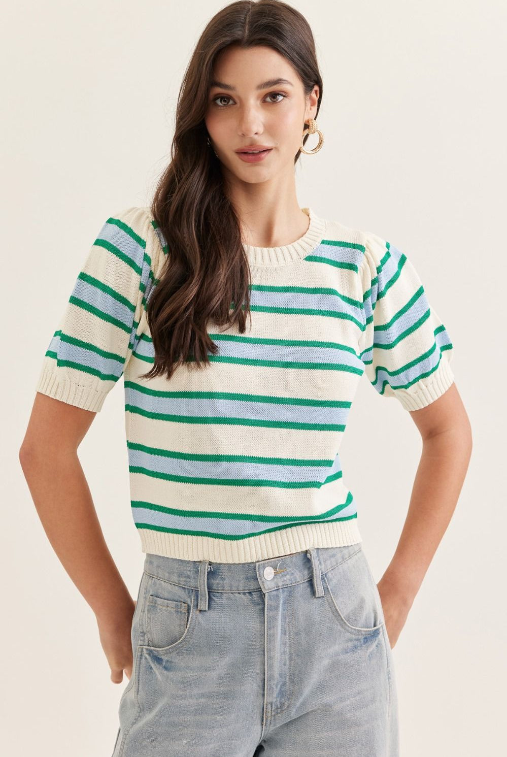 Ginger striped sweater knit top by ENTRO, featuring a cozy spring sweater design with horizontal stripes and a relaxed fit.