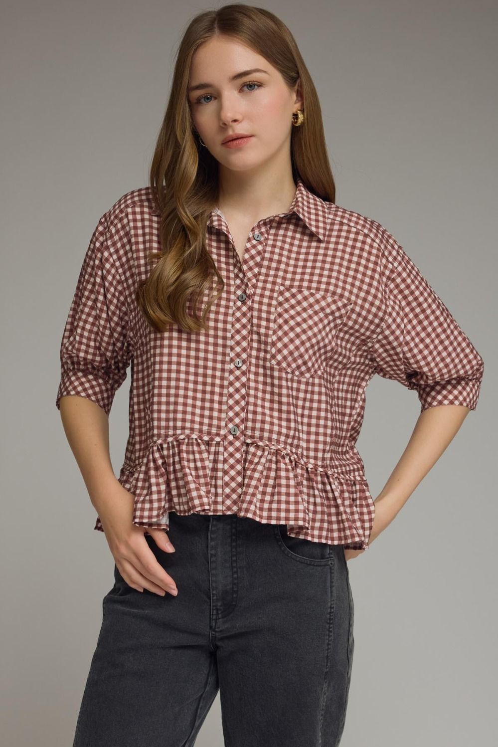 Entro Ryan Gingham button-down dressy top in lightweight fabric, featuring a classic collar and long sleeves.