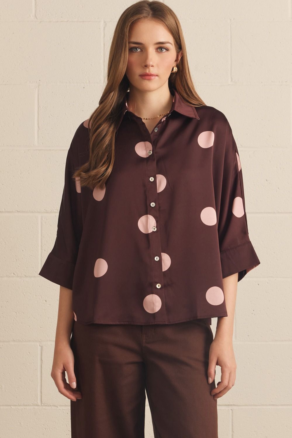 ENTRO Janie Polka Dot button-down top, stylish dressy blouse with classic polka dots and button-up front, perfect for elegant casual wear.