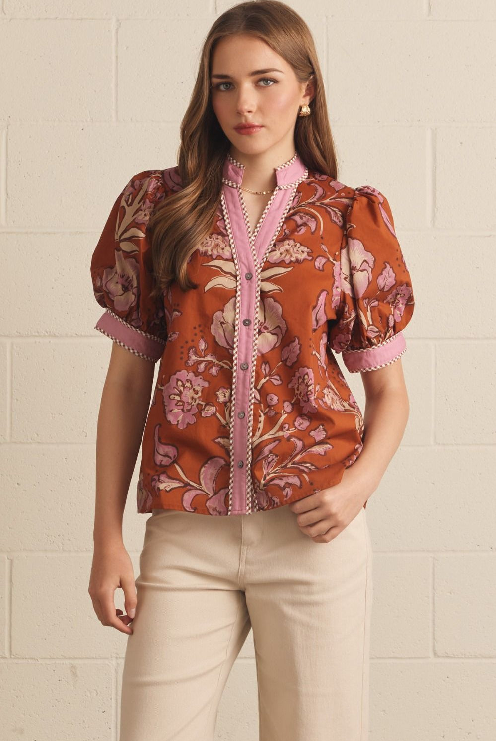 Entro Miley floral printed contrast trim top, dressy women's blouse with vibrant floral pattern and stylish detailing.
