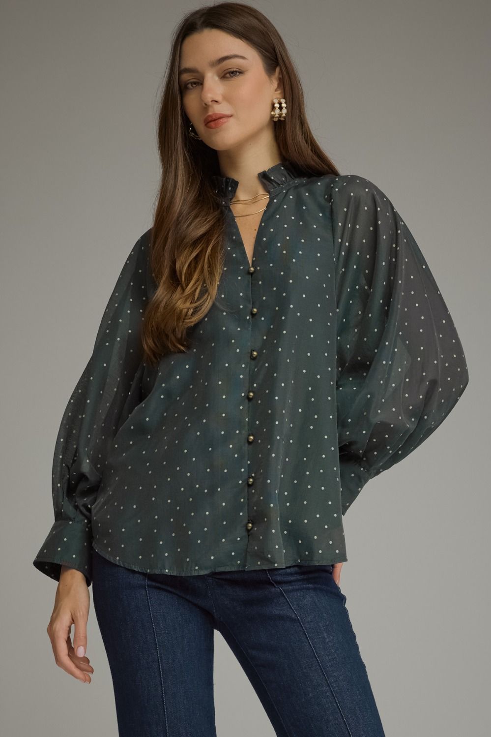ENTRO Marian Polka Dot Long Sleeve Top, stylish 110 dressy blouse with polka dot pattern and long sleeves.