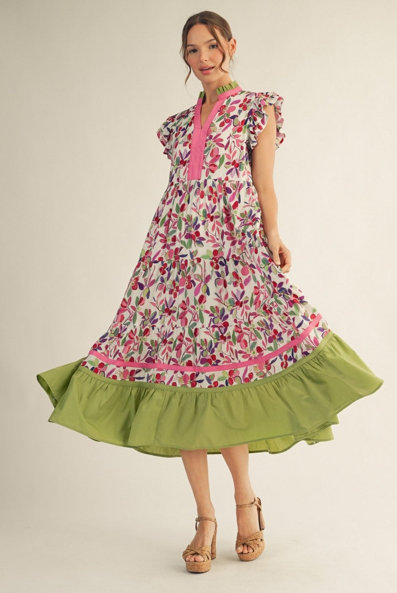 JODIFL Kendall Berry ruffled cap sleeve dress with floral pattern, perfect for dressy occasions, shown on a hanger.