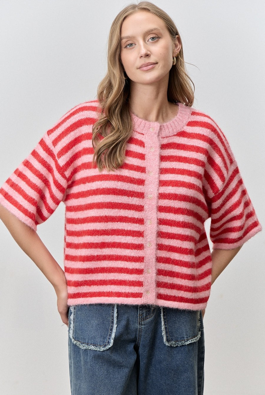 Pink striped button-down cardigan top from BAEVELY, perfect for spring, featuring a cozy sweater style and classic design.
