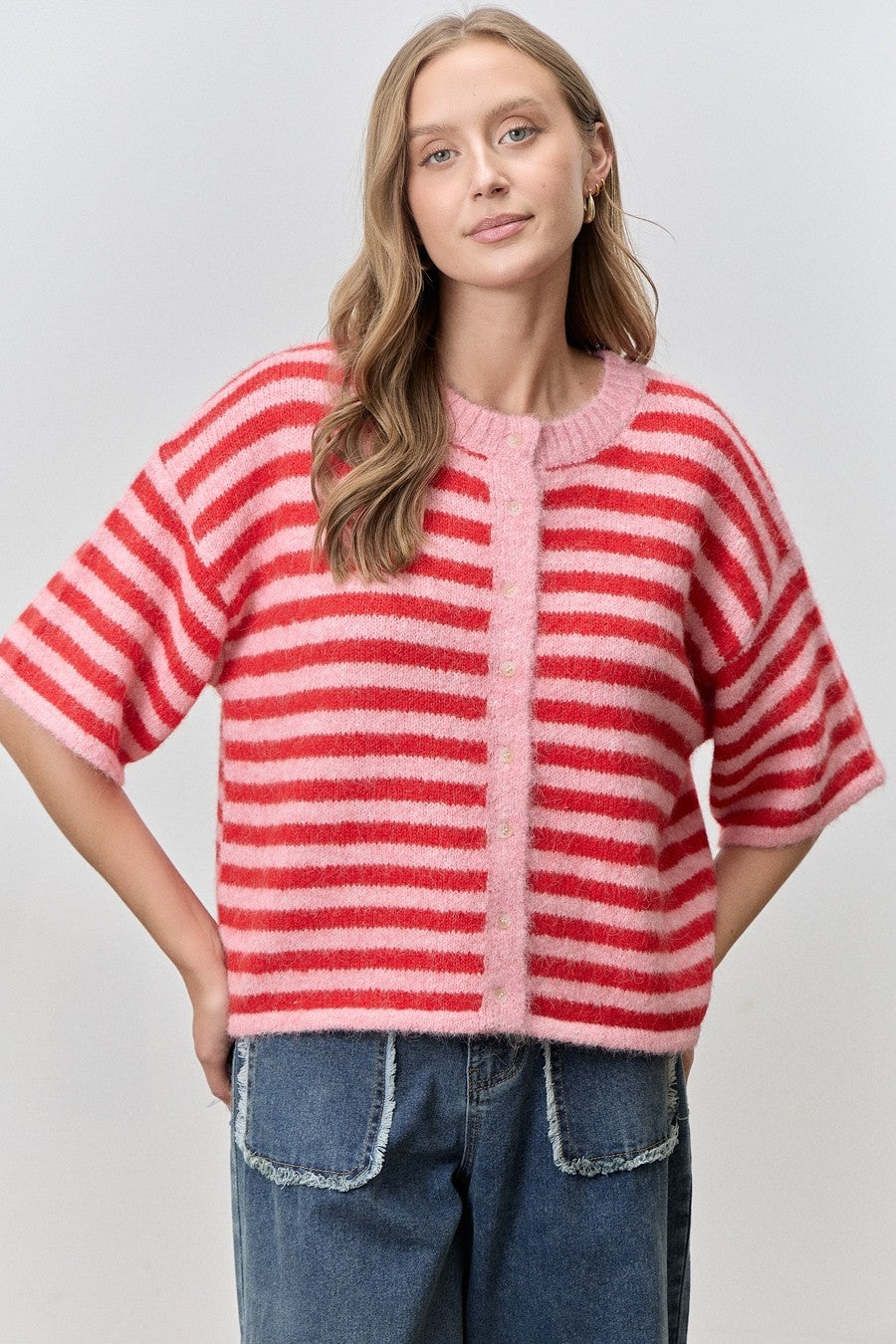 Pink striped button-down cardigan top from BAEVELY, perfect for spring, featuring a cozy sweater style and classic design.