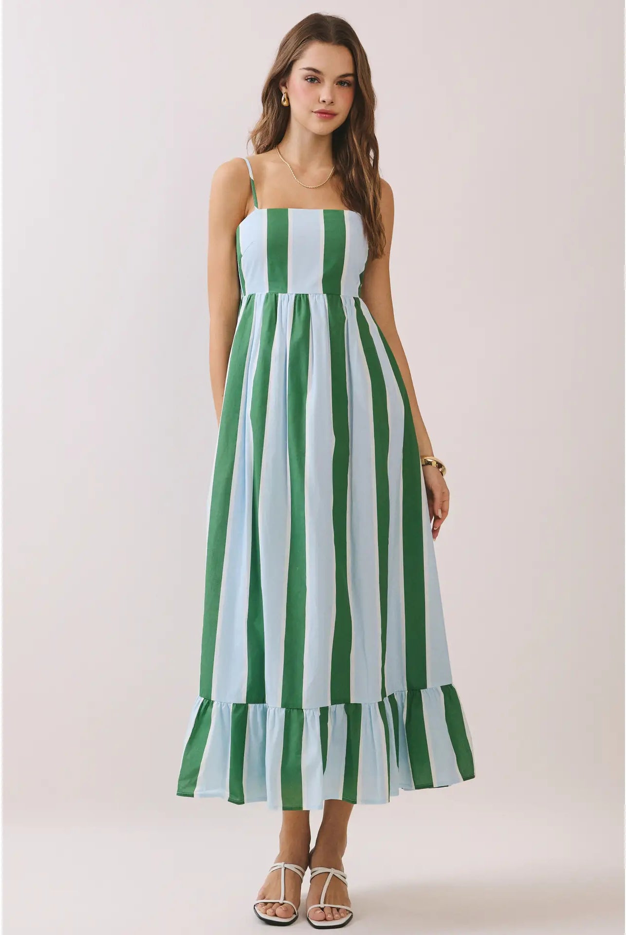 TCEC Laura striped casual midi dress with a fitted waist and midi length, featuring vertical blue and white stripes, perfect for everyday wear.