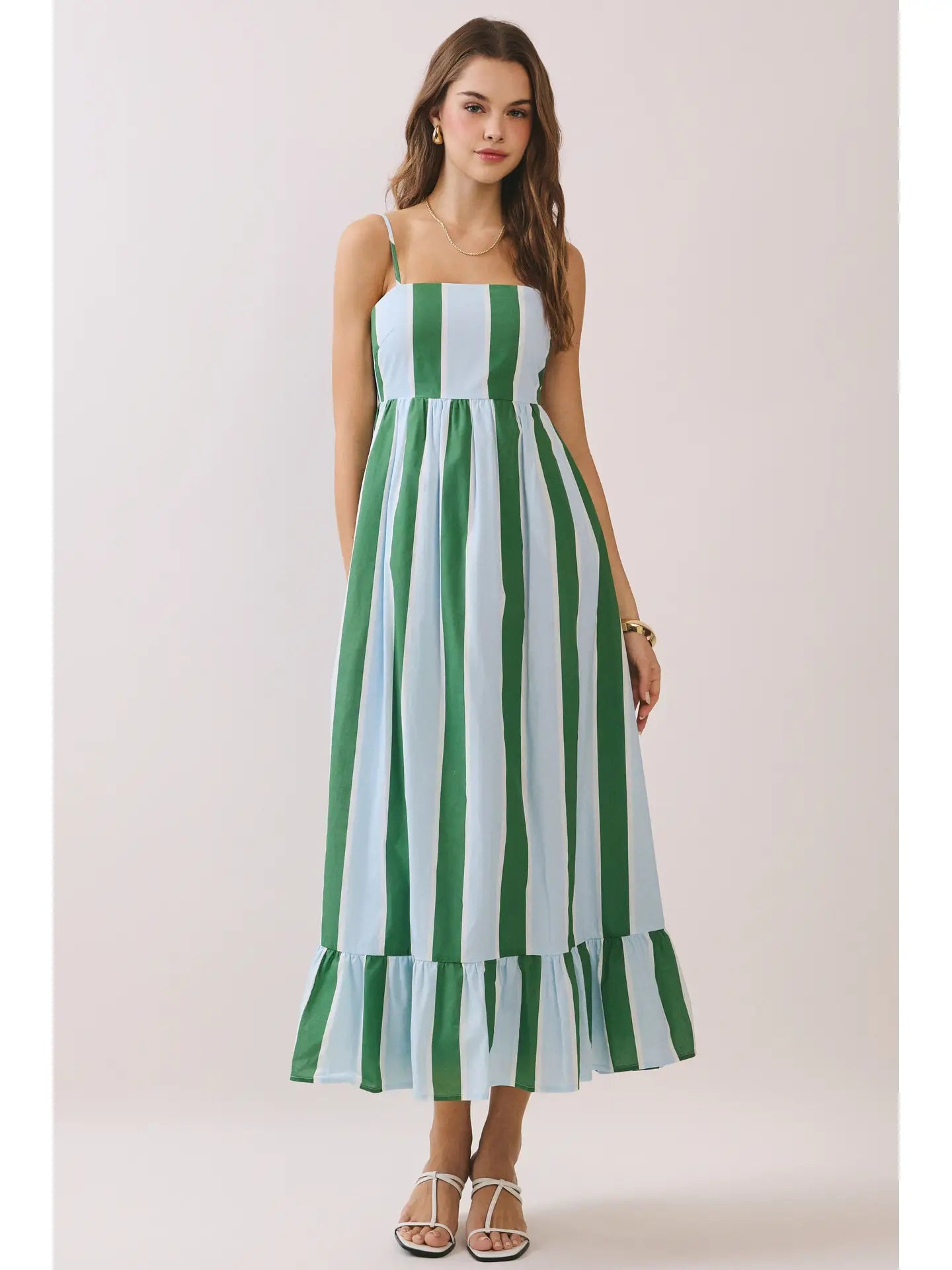 TCEC Laura striped casual midi dress with a fitted waist and midi length, featuring vertical blue and white stripes, perfect for everyday wear.