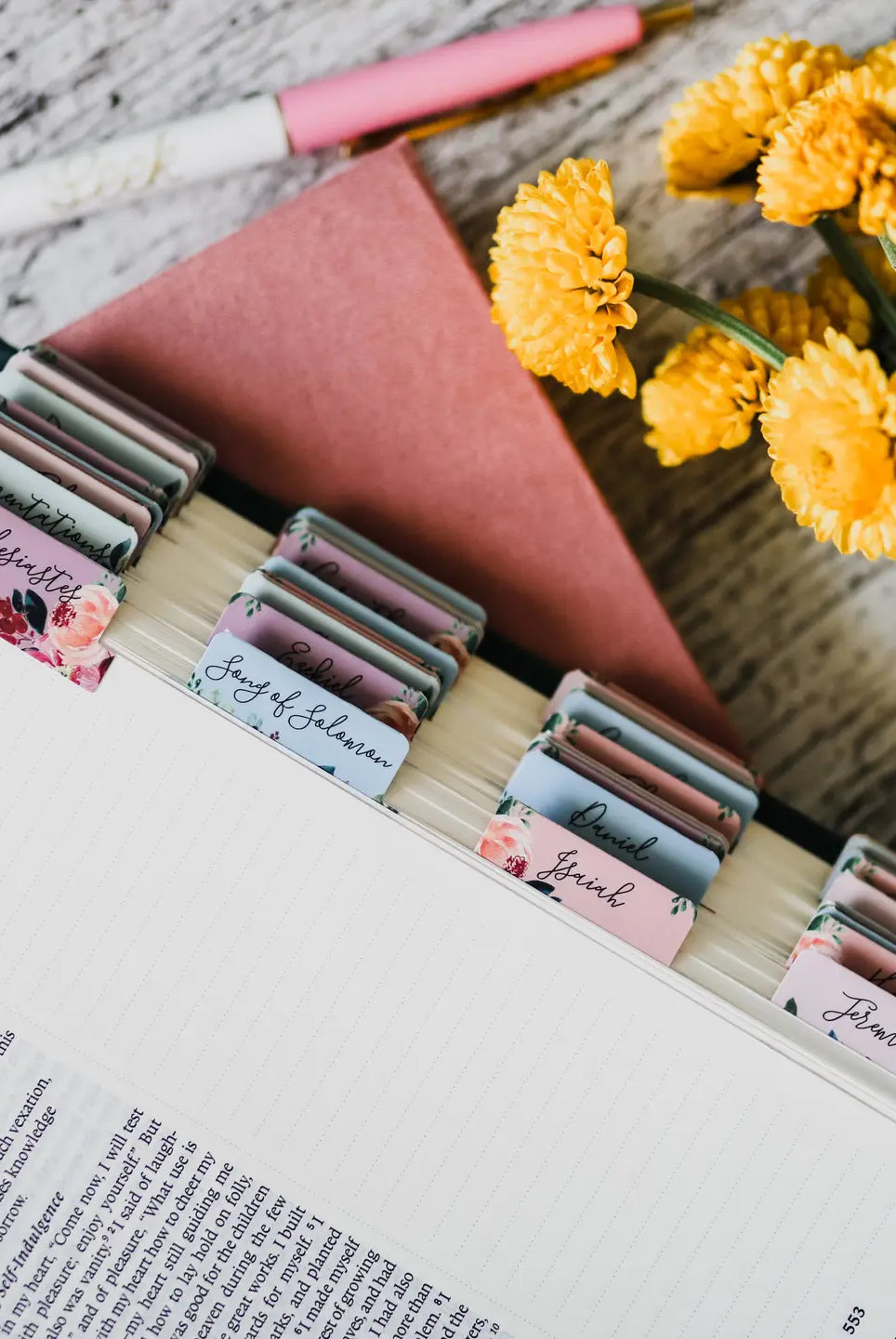 HOSANNA REVIVAL floral Bible tabs set with colorful floral designs for marking pages in a Bible or religious book.