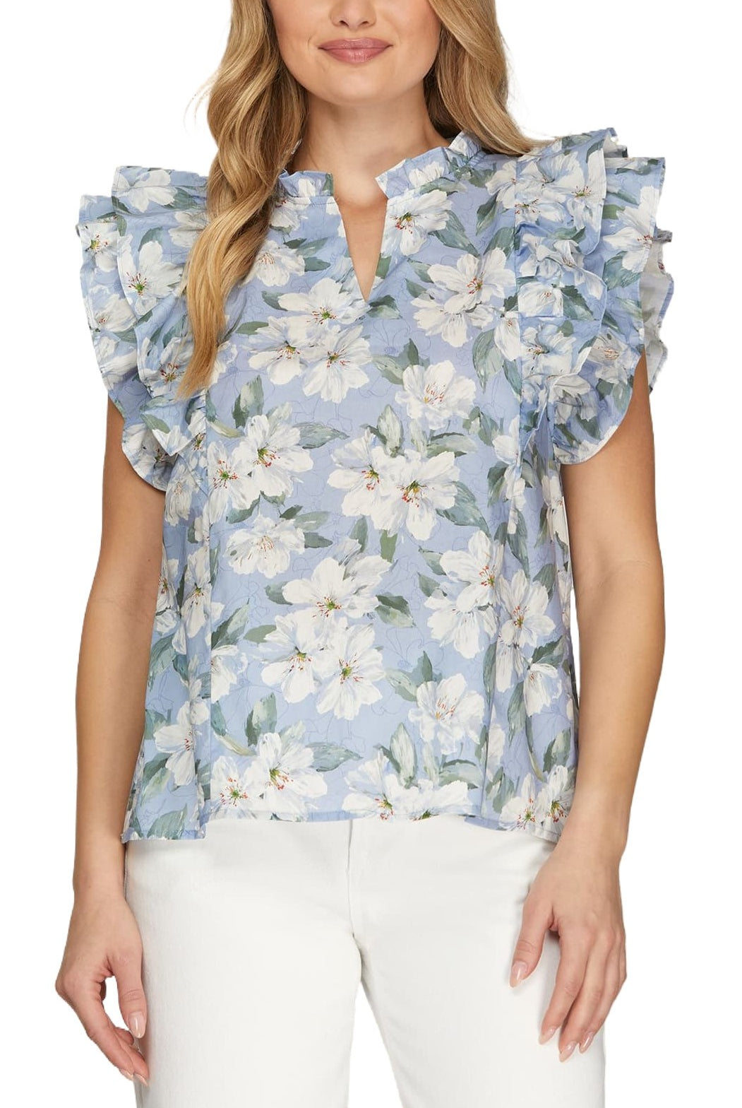 She + Sky Lori printed top with ruffle sleeves from the 131 Spring Sweaters collection, featuring a colorful floral design.