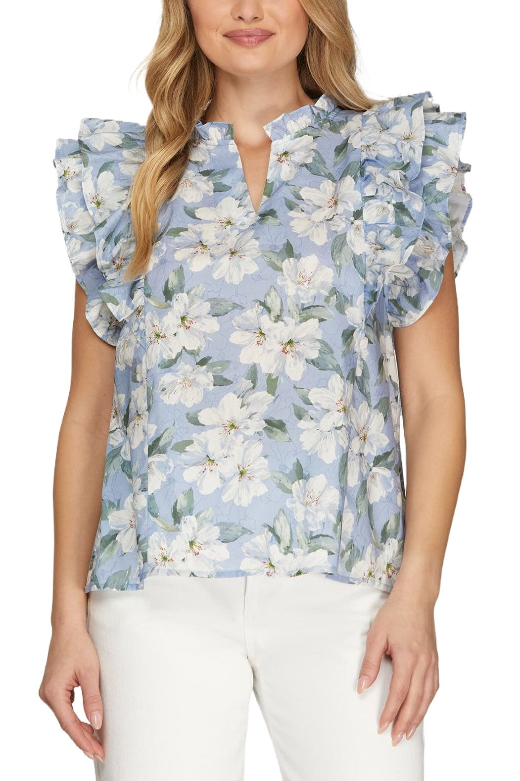 She + Sky Lori printed top with ruffle sleeves from the 131 Spring Sweaters collection, featuring a colorful floral design.