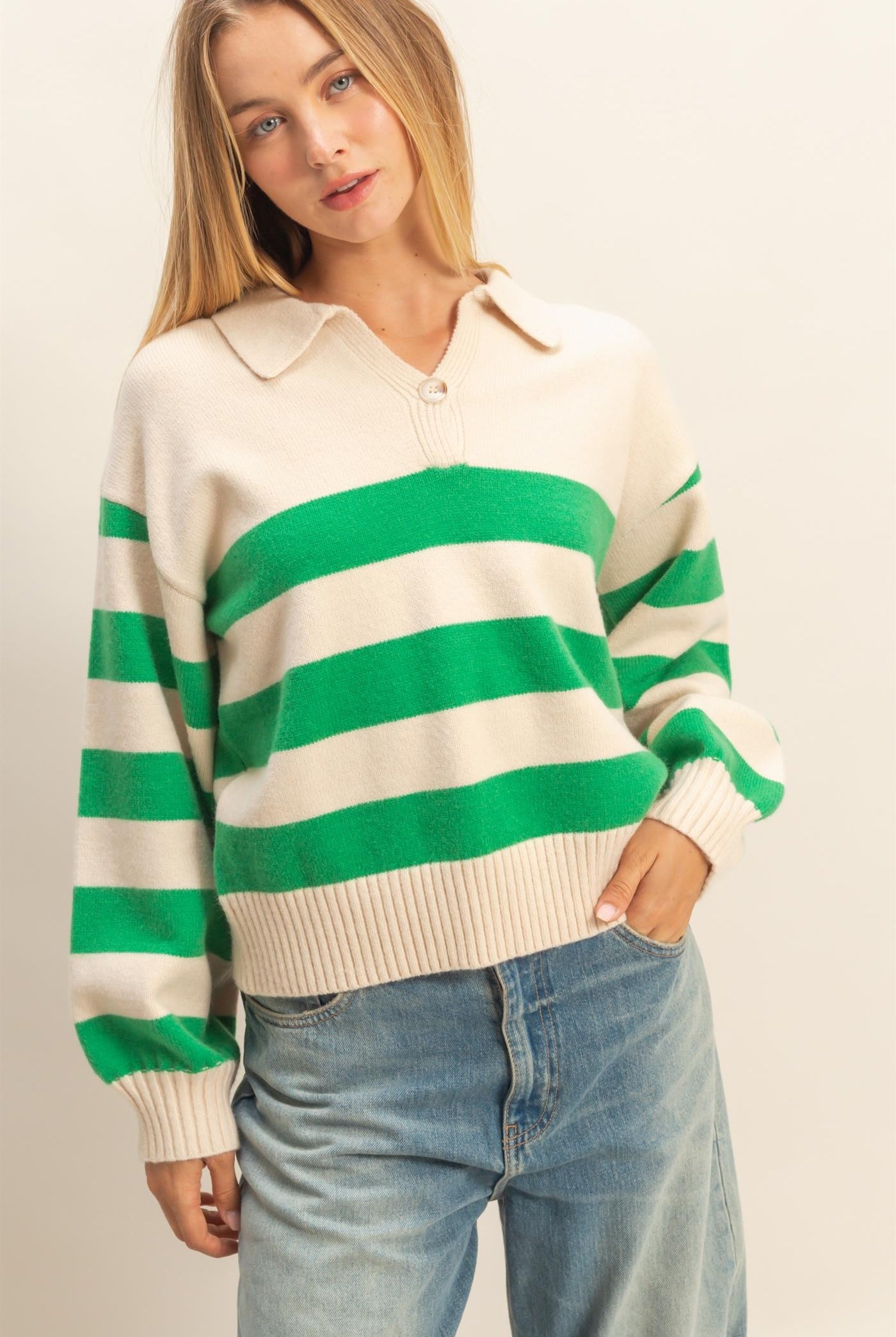 Hallie Striped Collared Sweater - Be You Boutique