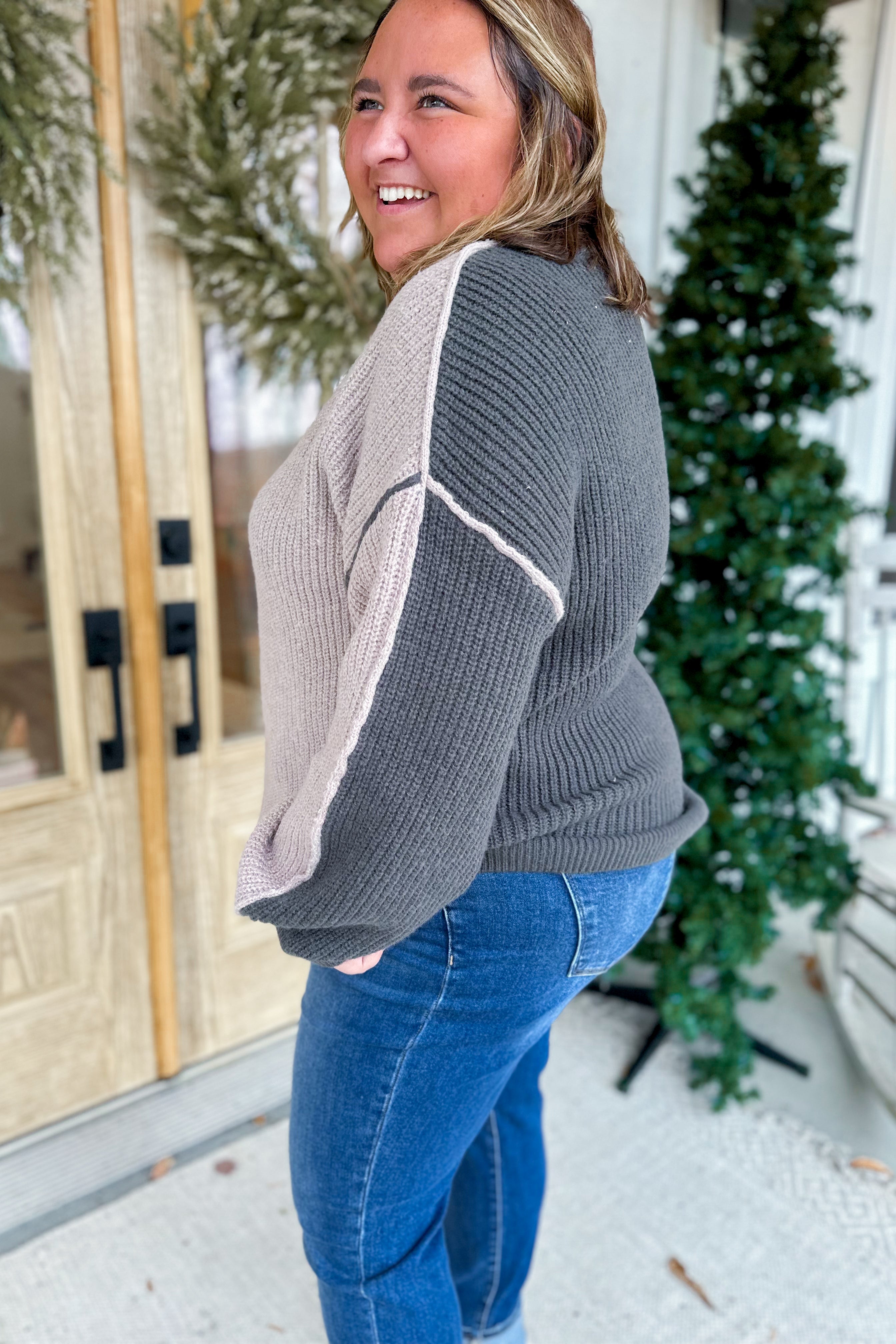 Molly Exposed Seam Colorblock Mock Neck Pullover Sweater [S-3X] - Be You Boutique