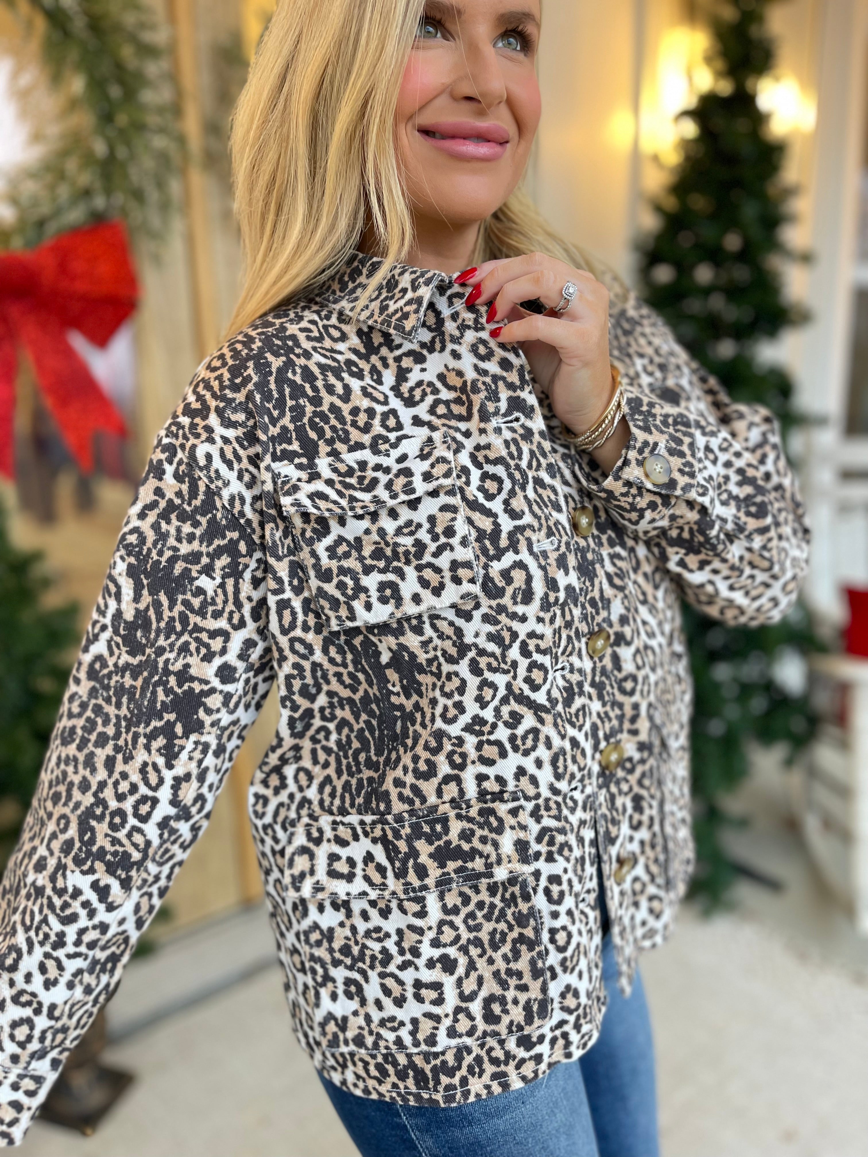 Fancy Animal Print Denim Long Sleeve Jacket - Be You Boutique
