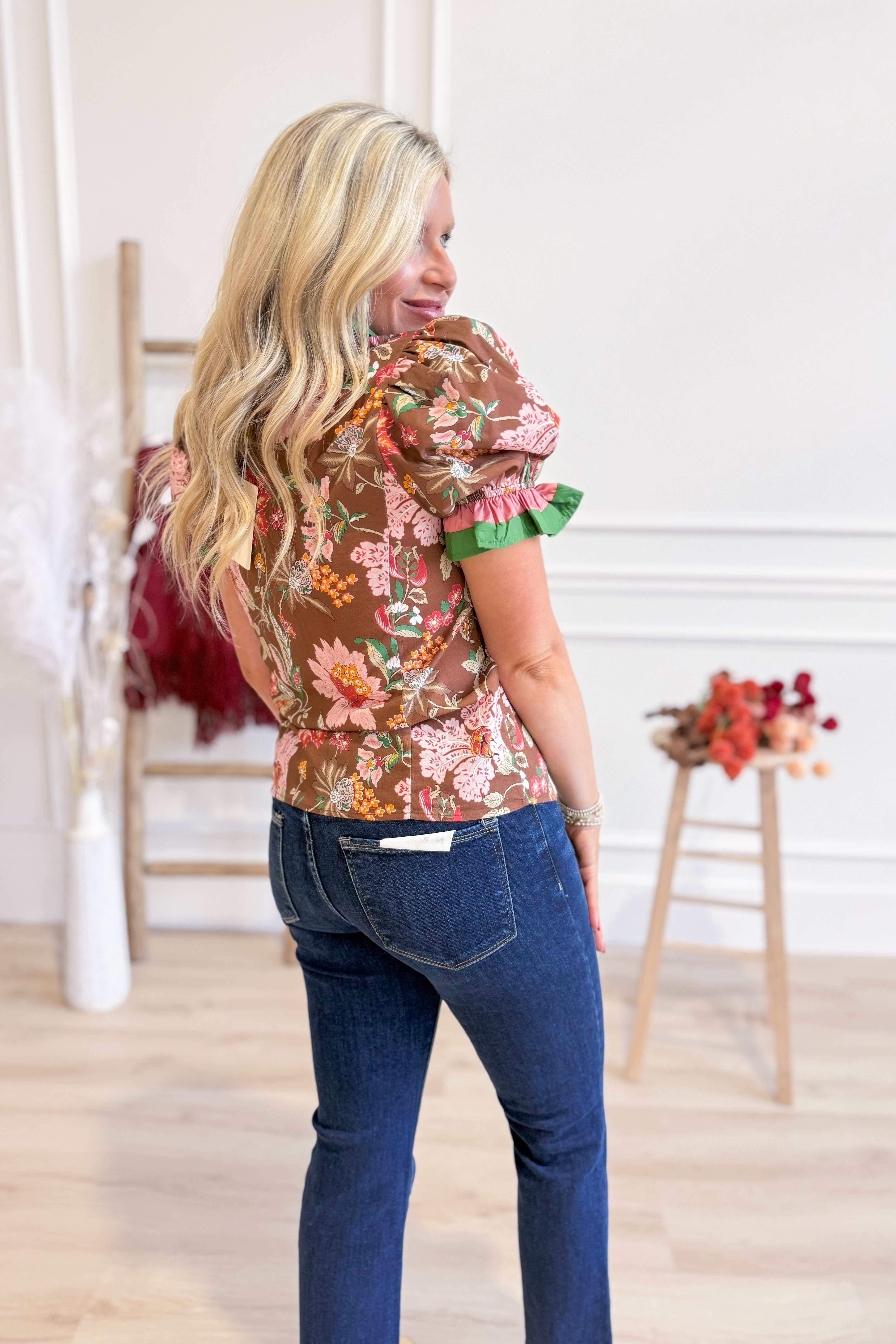 Gwen Multi Floral Ruffle Trim Top - Be You Boutique