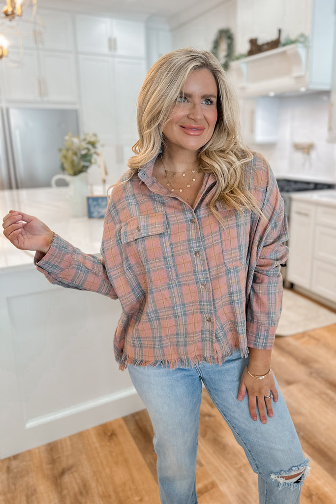 Wally Washed Plaid Flannel Button Down Raw Edge Shirt Top - Be You Boutique