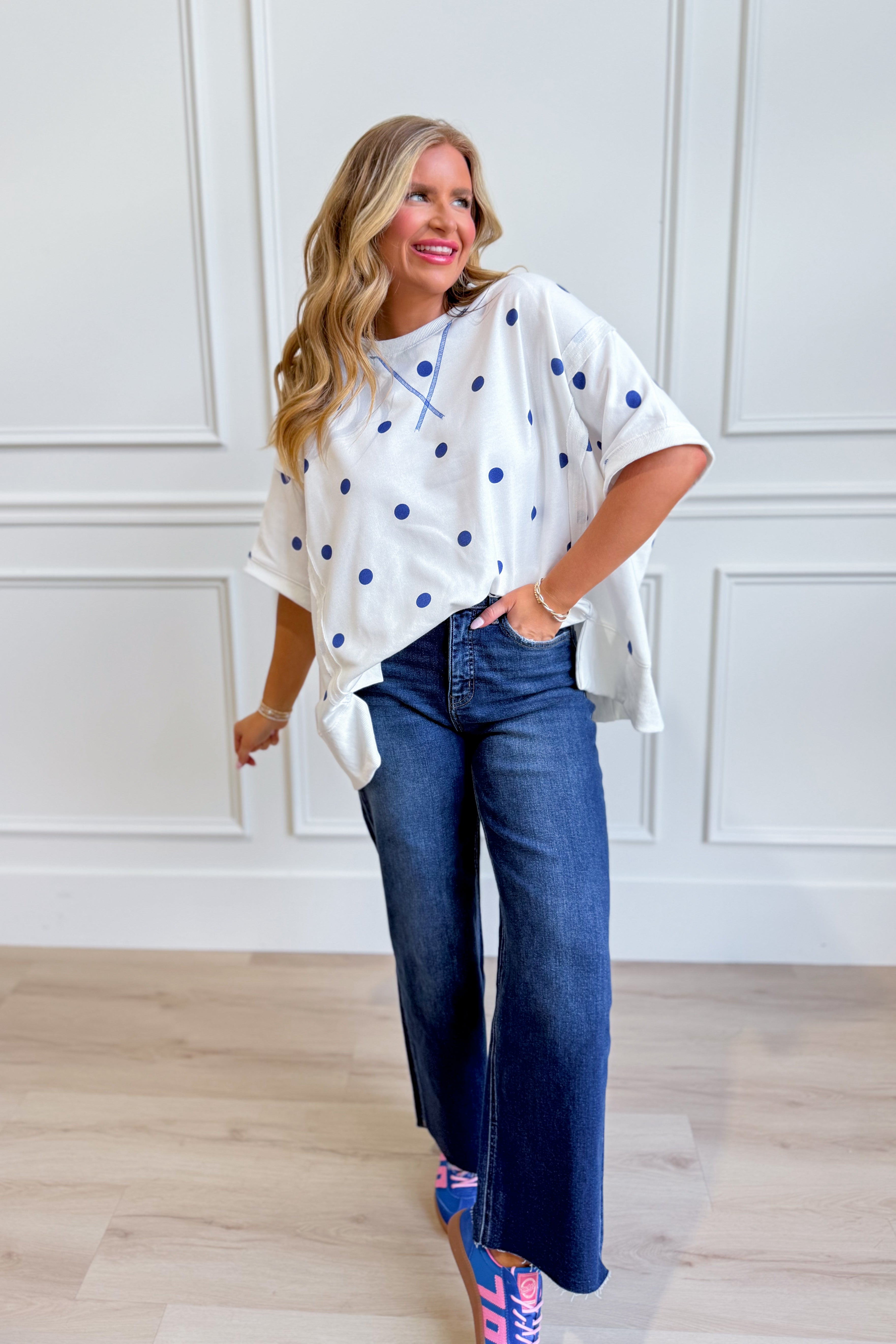 PEACH LOVE Renee Polka Dot Dolman Sleeve Top, casual 105 top with black and white polka dots, relaxed fit and stylish design