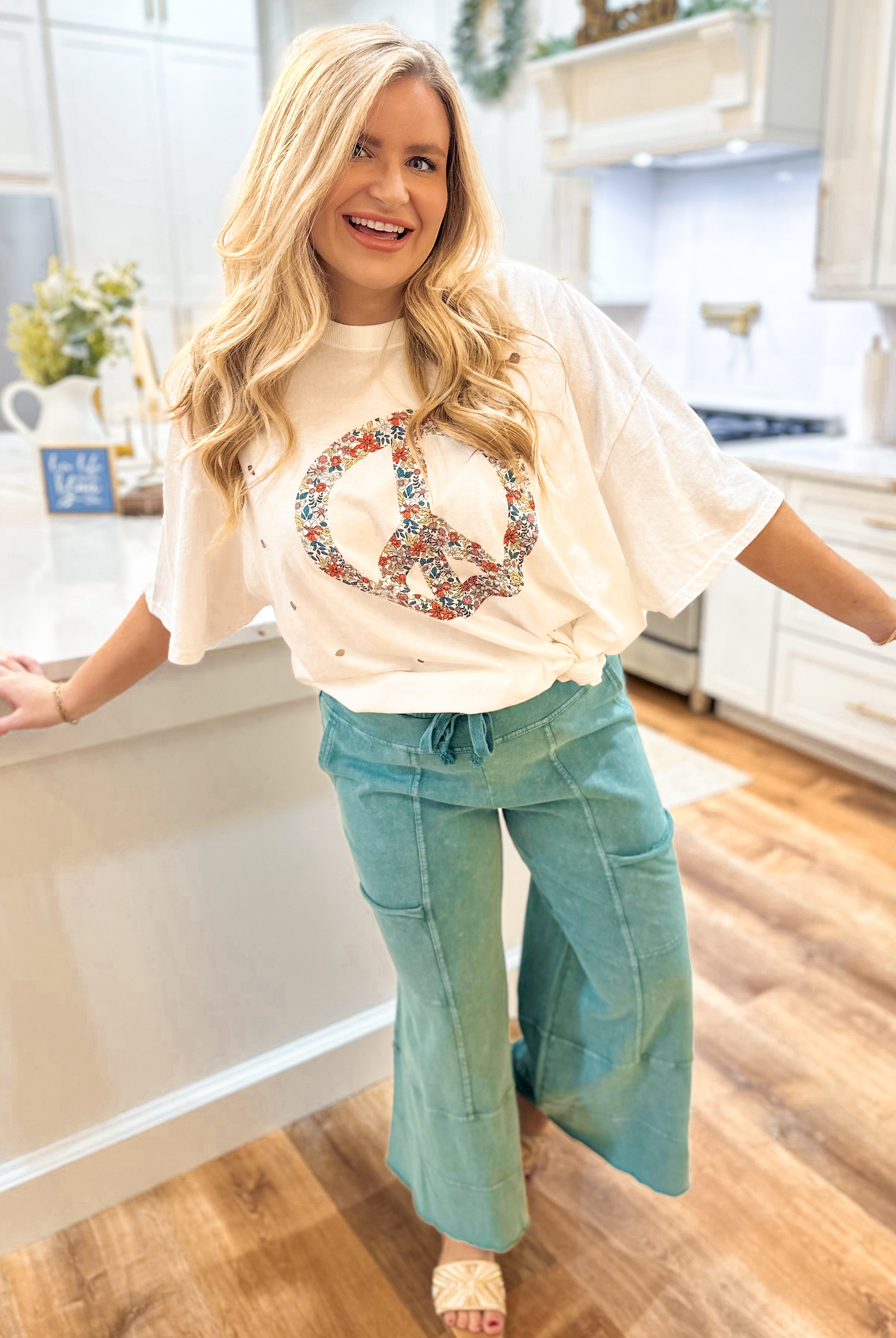 Peace Out Short Sleeve Floral Print Washed Tee - Be You Boutique