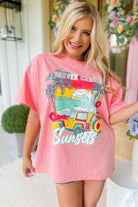 Forever Chasing Sunsets Short Sleeve Rhinestone Detail Graphic Tee Top - Be You Boutique