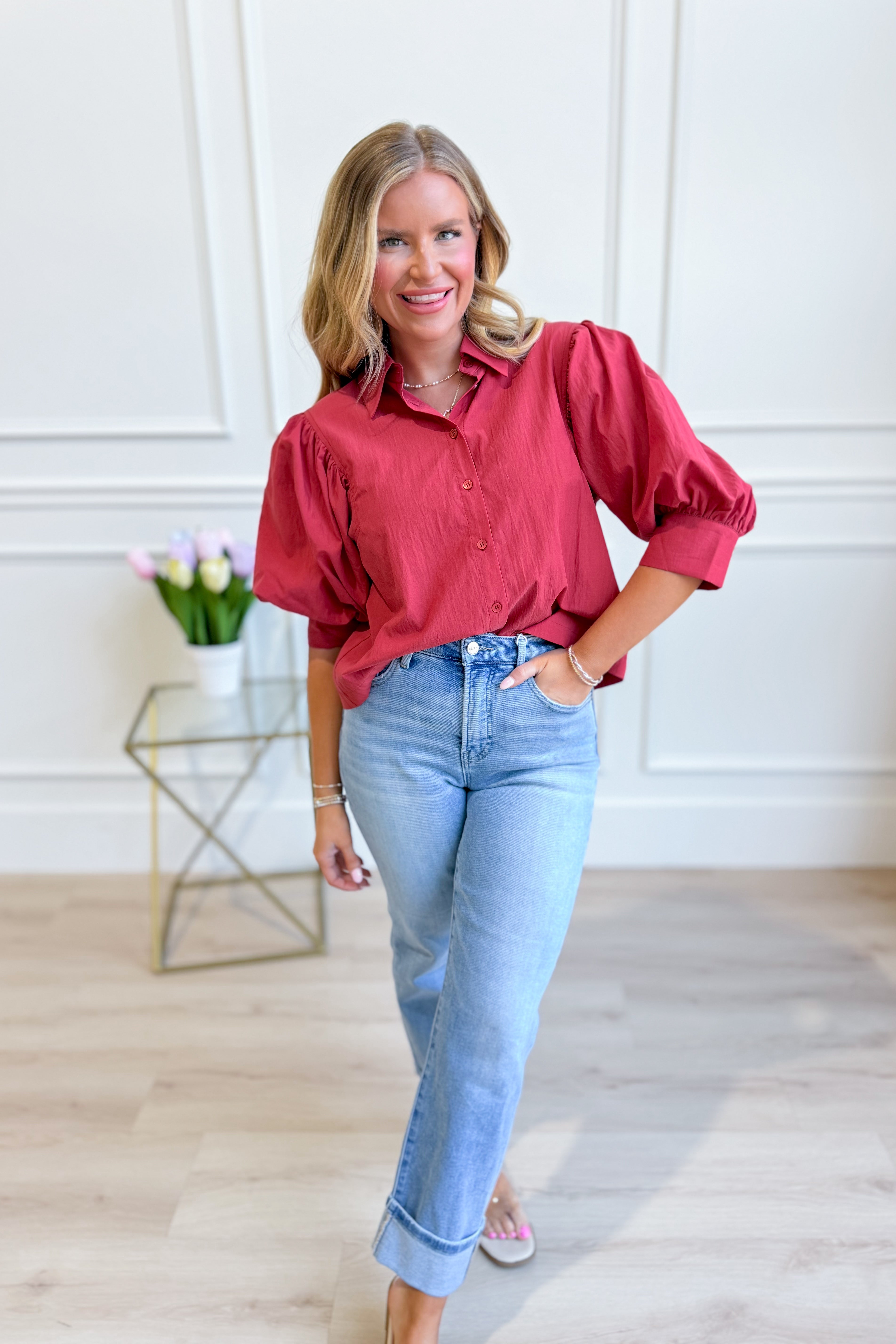 EE:SOME Tonya solid puff sleeve button-down top, stylish dressy blouse with puff sleeves, showcased in a close-up image.