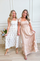 BLU PEPPER Addison floral sleeveless midi dress with a fitted bodice and flowing skirt, perfect for dressy occasions.