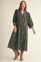 JODIFL Candice floral contrasted trim midi dress with a fitted bodice, floral pattern, and elegant hemline, perfect for dressy occasions.