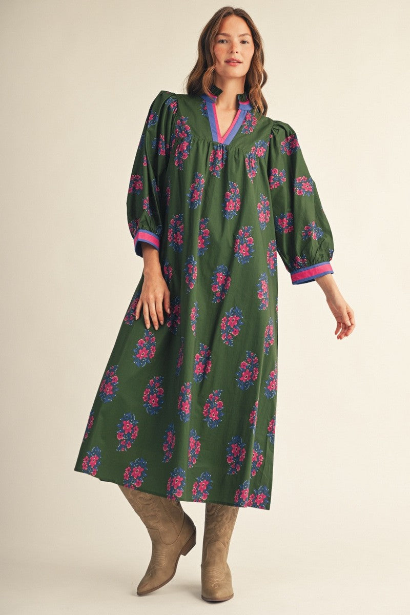 JODIFL Candice floral contrasted trim midi dress with a fitted bodice, floral pattern, and elegant hemline, perfect for dressy occasions.