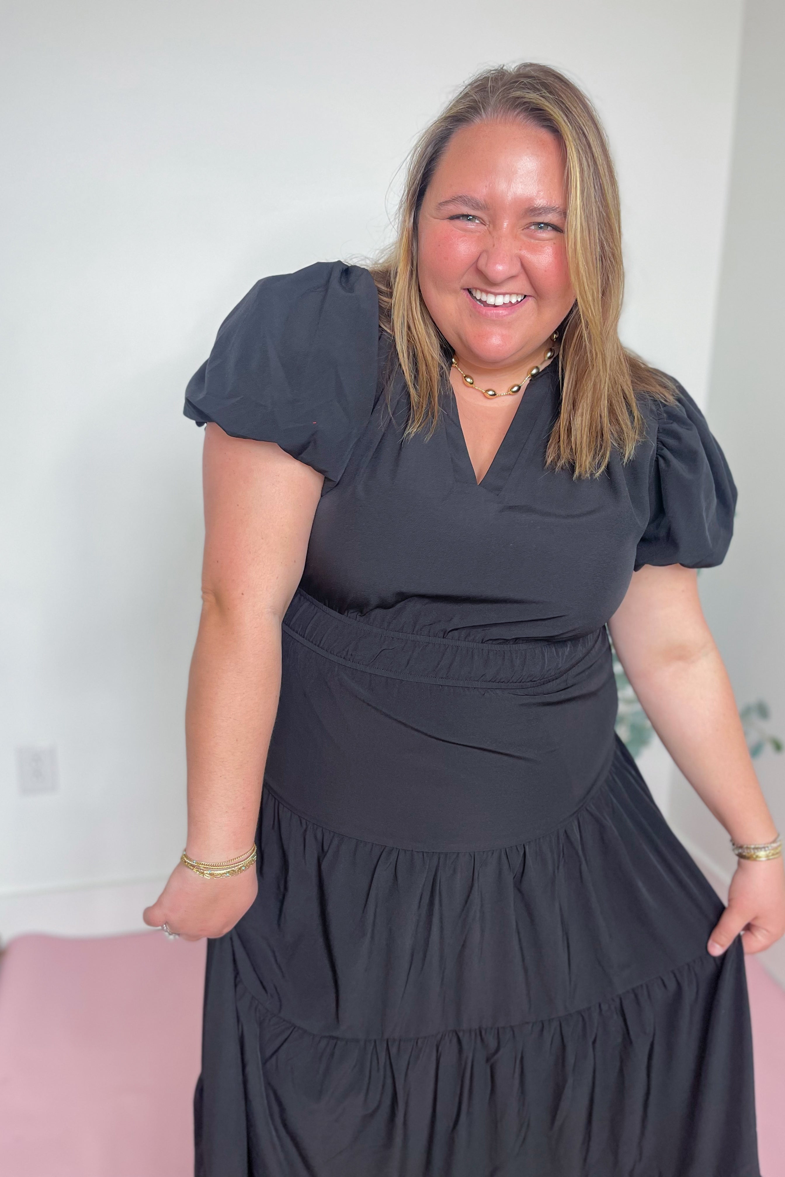 Martina V Neck Bubble Sleeve Tiered Midi Dress - Be You Boutique