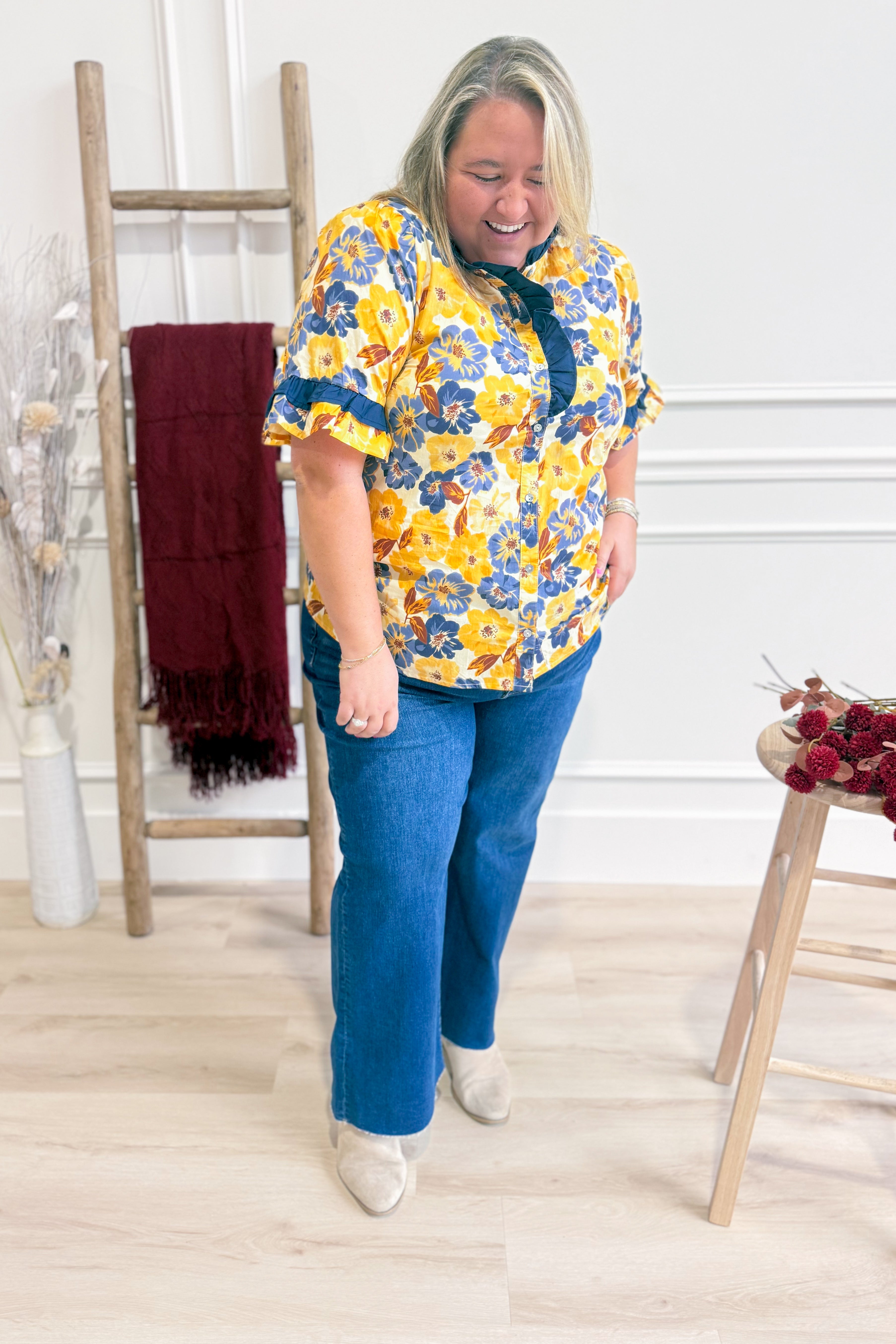 Kennedy Floral Print Ruffle Trim Top - Be You Boutique