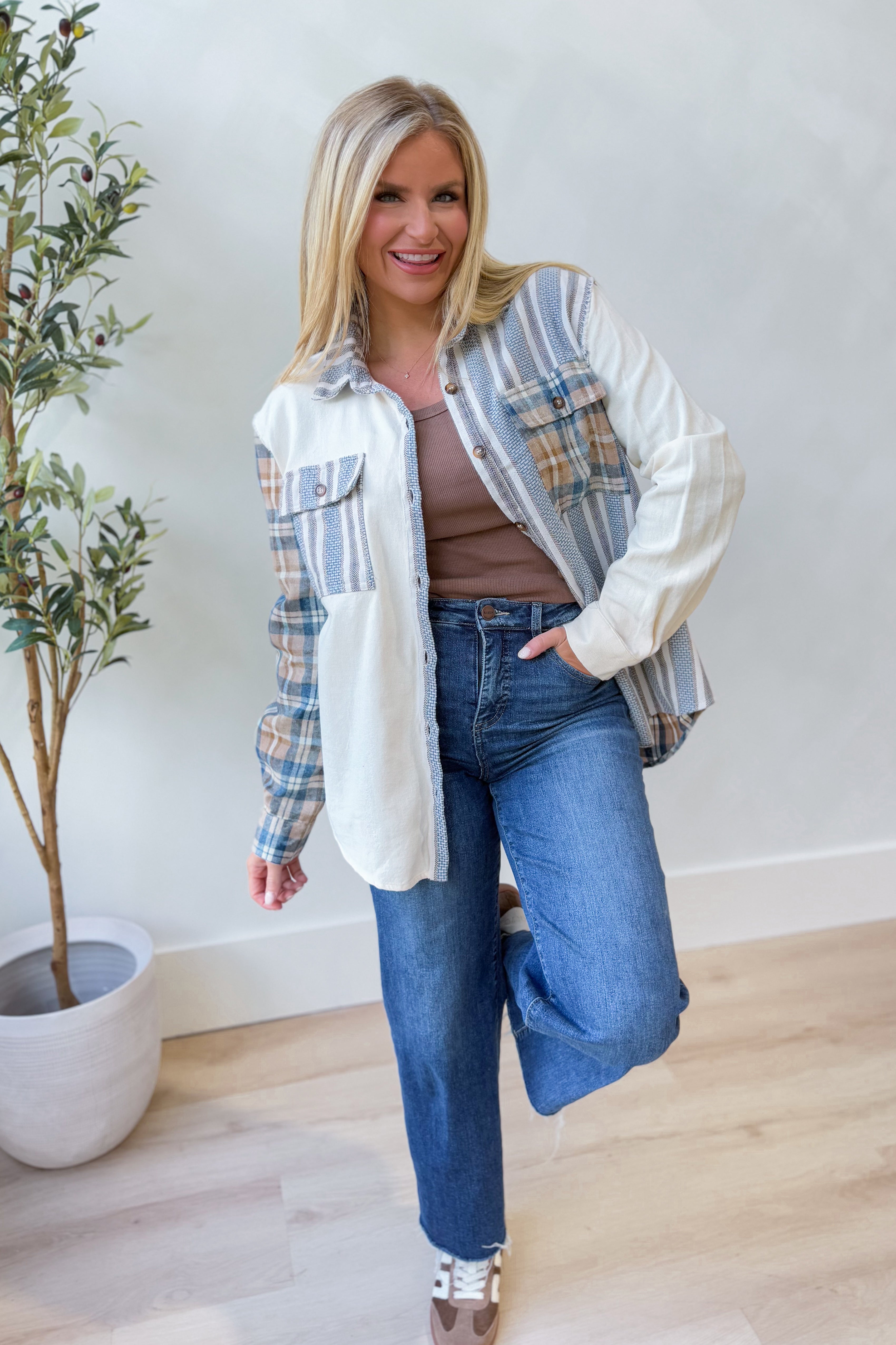 Mia Plaid Long Sleeve Terry Knit Shacket - Be You Boutique