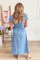 Kendra Chambray Embroidered Smocked Midi Dress - Be You Boutique