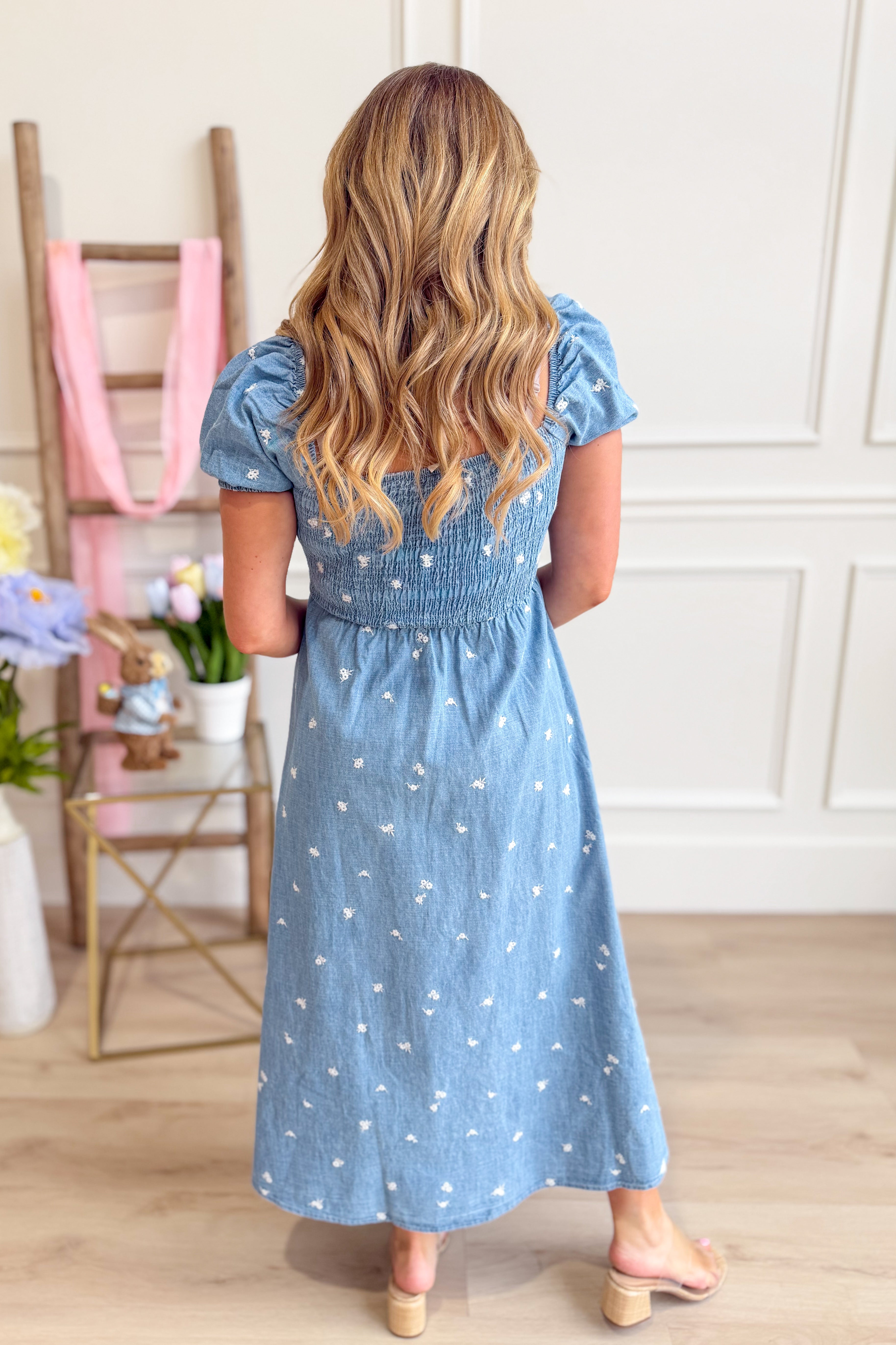 Kendra Chambray Embroidered Smocked Midi Dress - Be You Boutique
