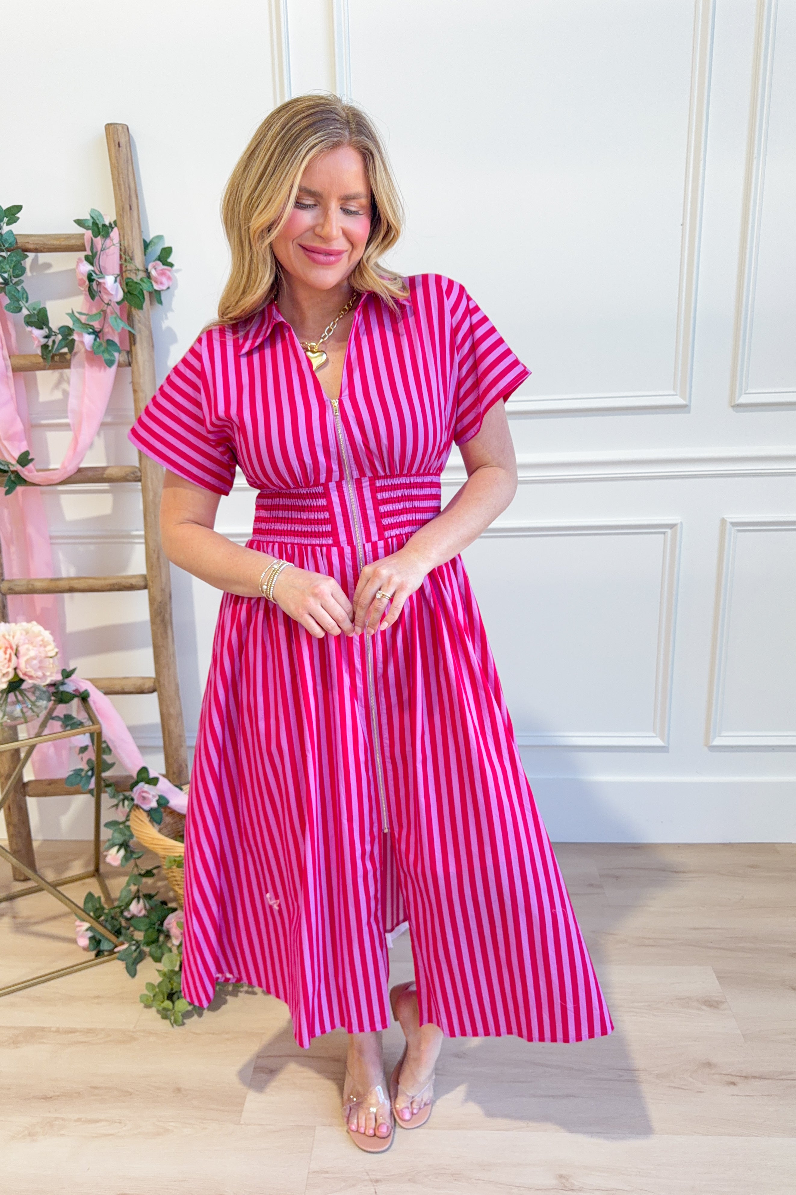 Kristen Striped Zip Up Midi Dress - Be You Boutique