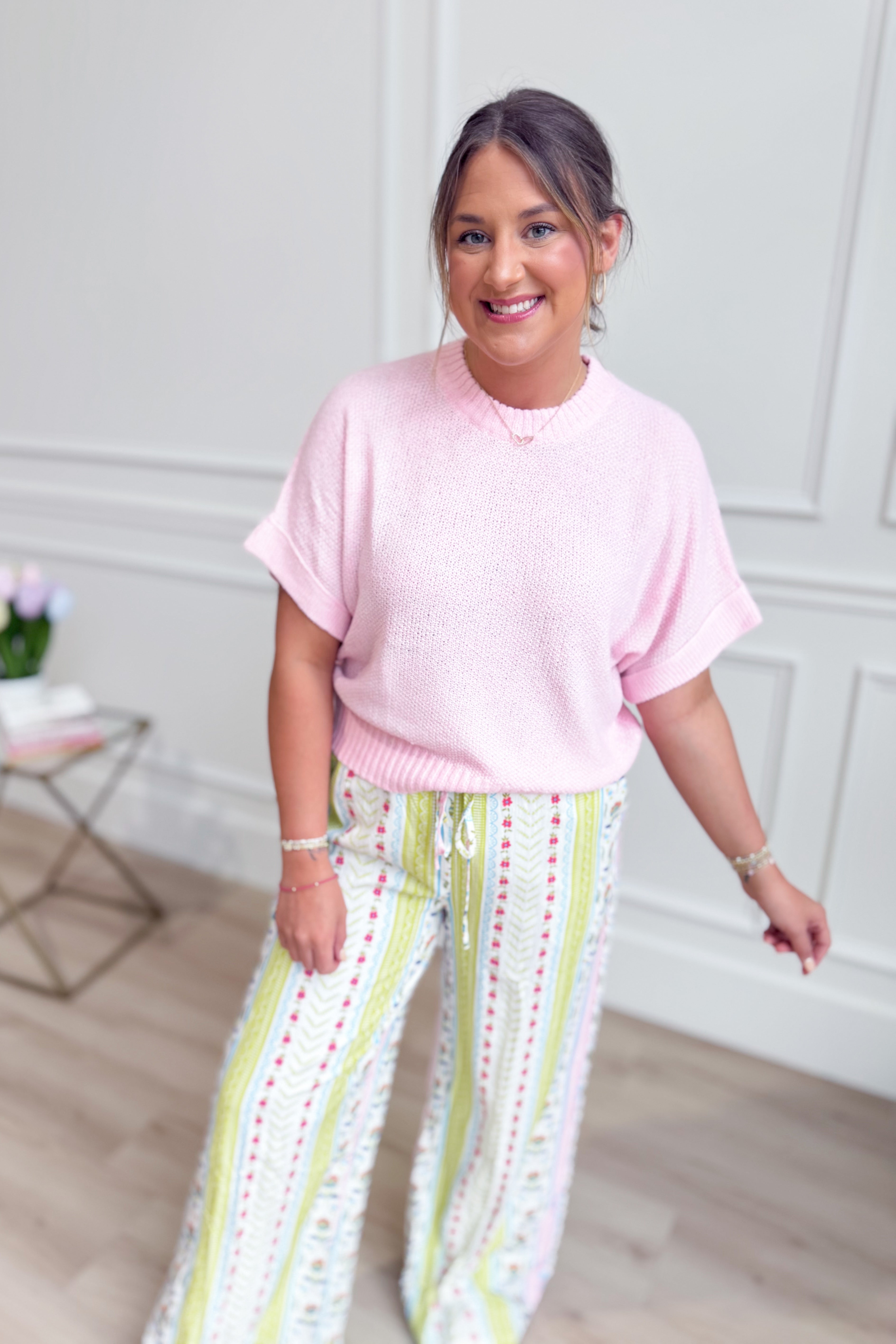 TCEC Hannah Multi Printed Straight Leg Pant featuring colorful geometric patterns and a comfortable fit, front view.