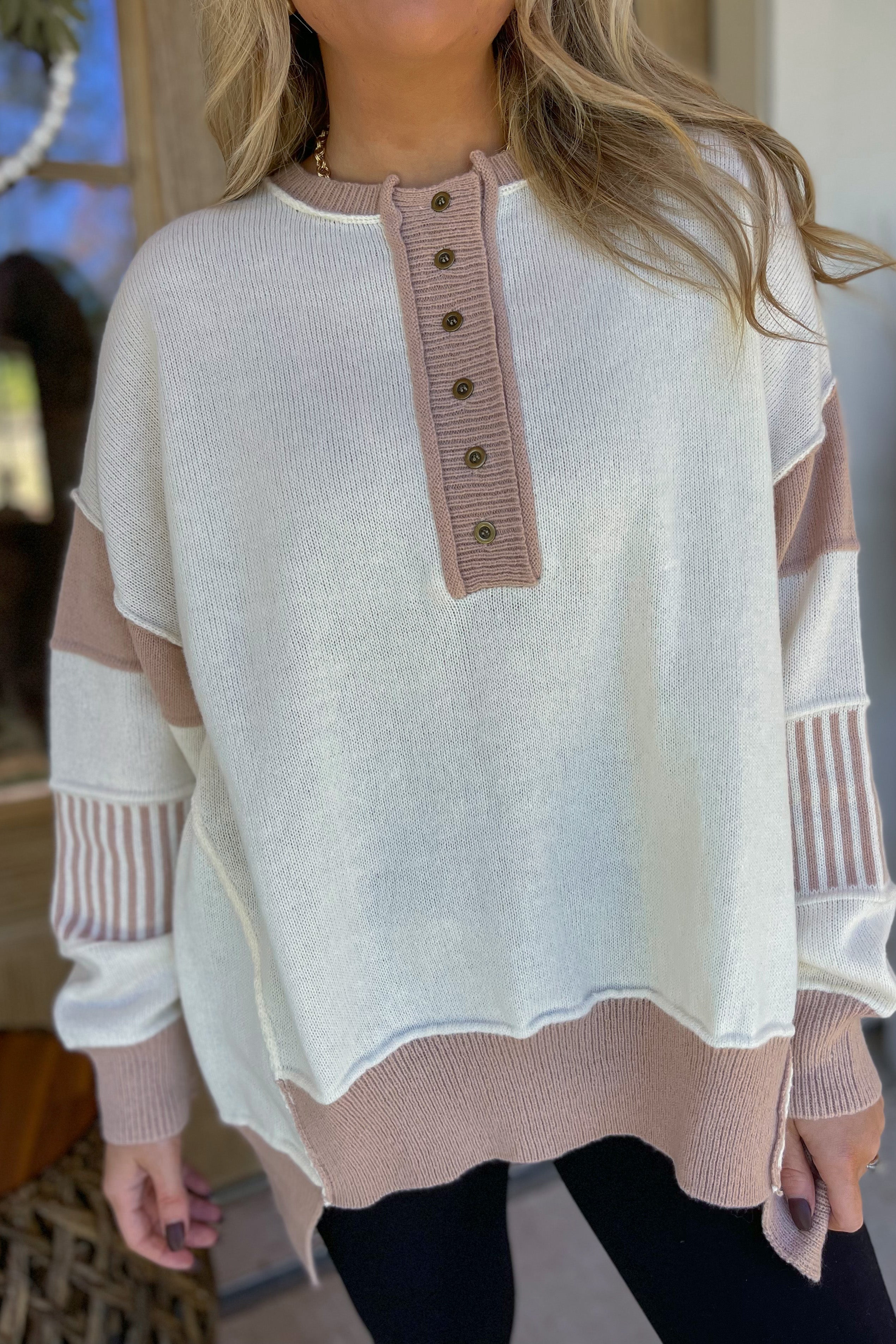 Morgan Color Contrast Oversized Placket Sweater - Be You Boutique