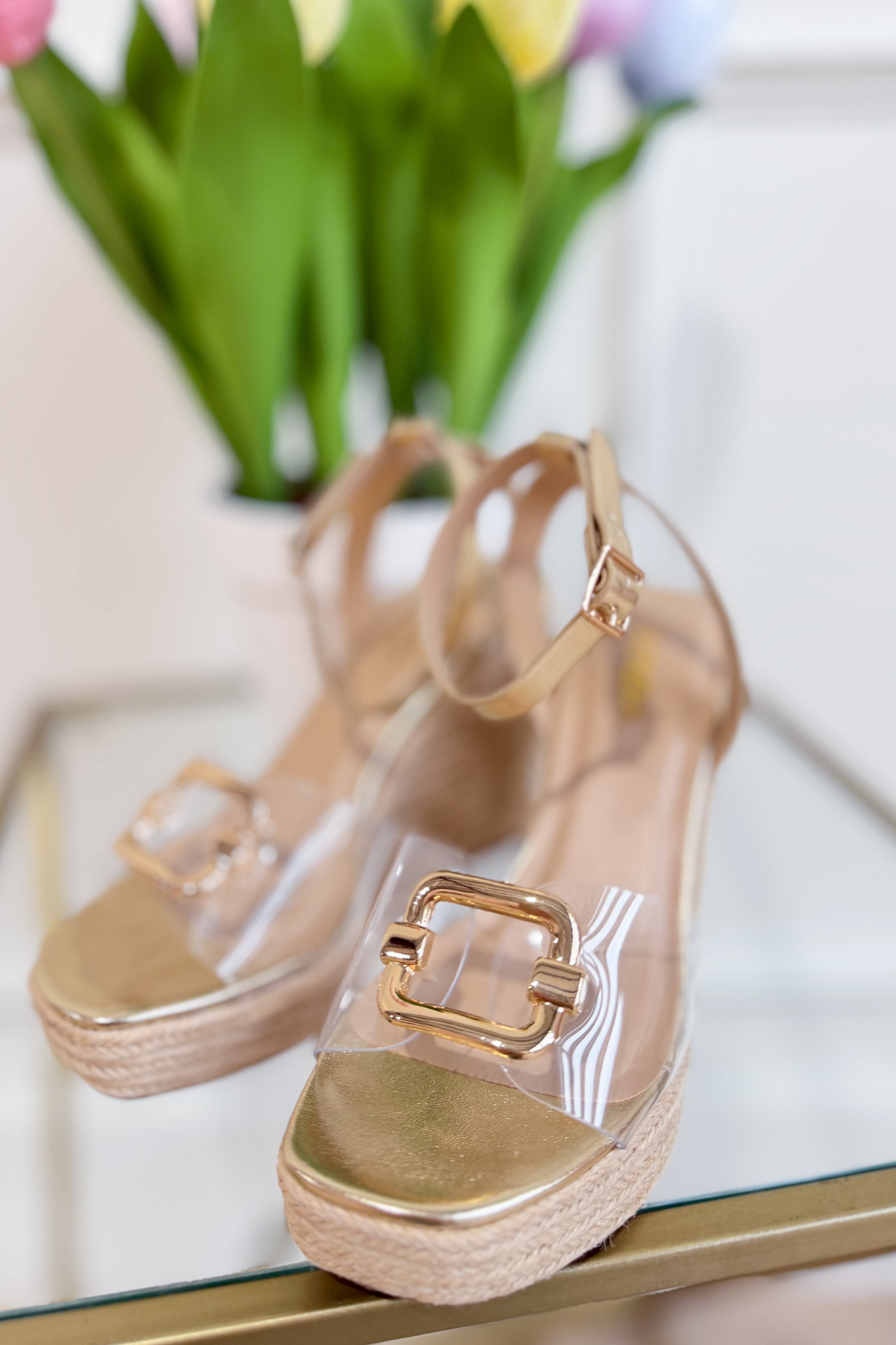 SODA Soda Notices clear wedge heel shoes with transparent straps and chunky heel, stylish and comfortable for casual wear.