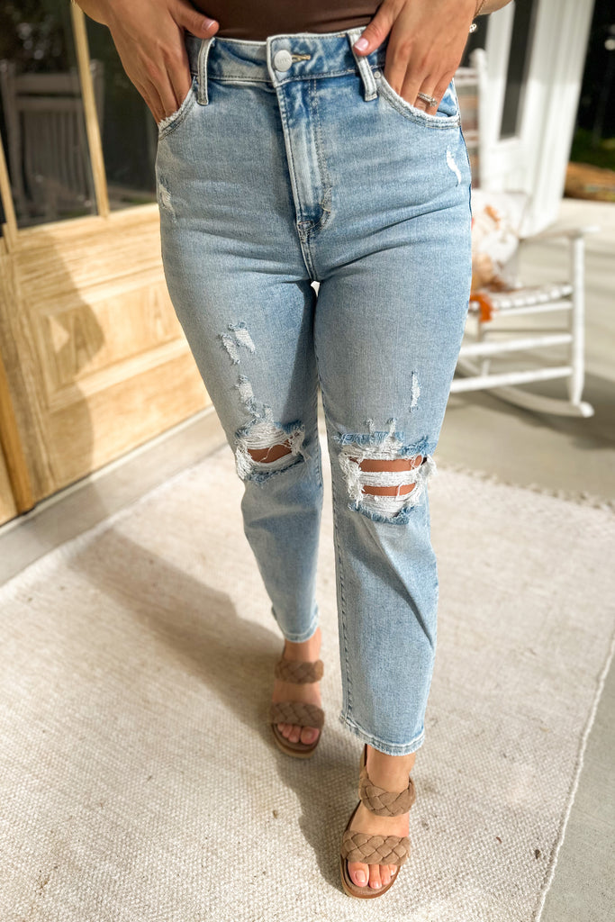 Risen Carly High Rise Distressed Mom Jeans - Be You Boutique