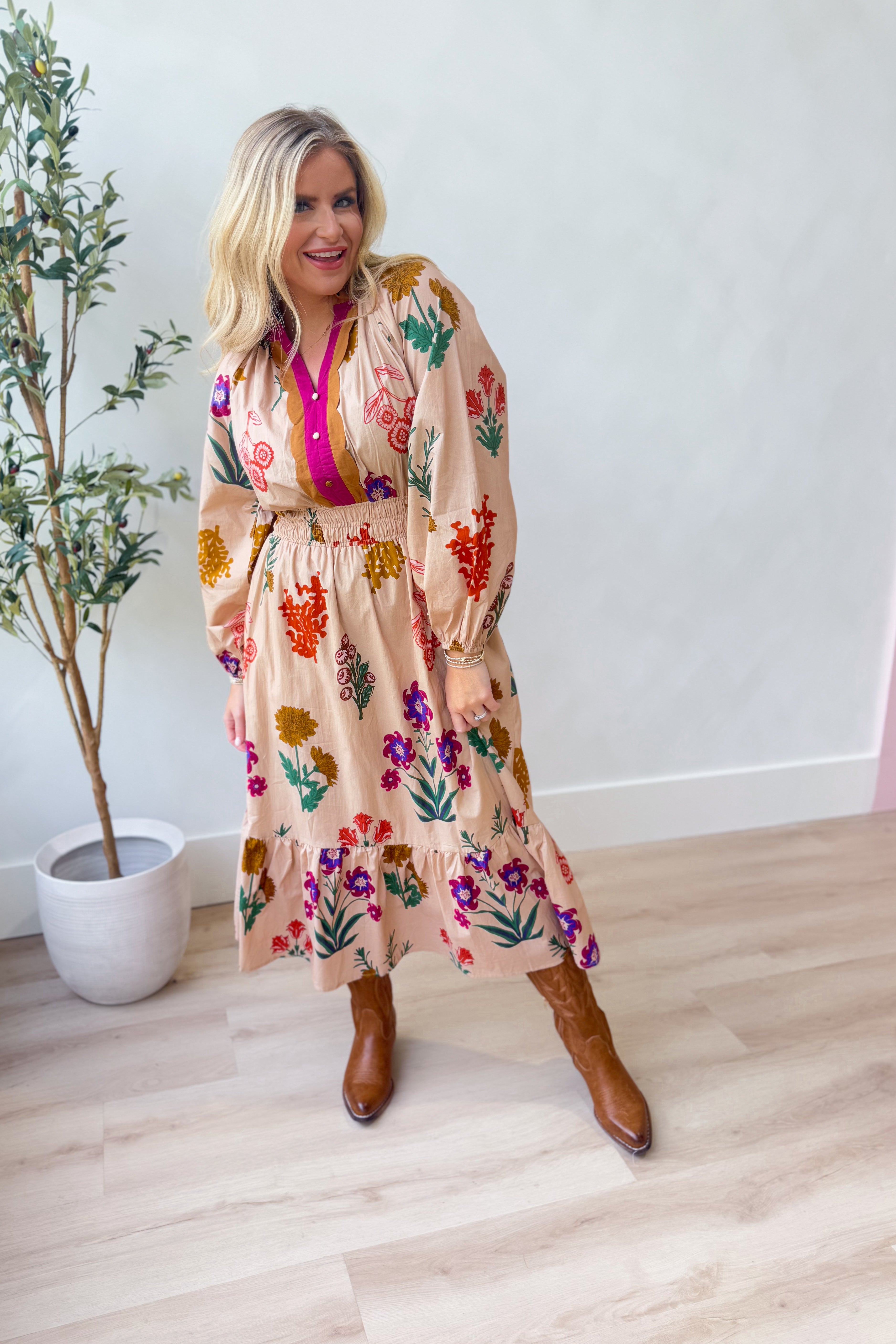 London Floral Printed Smocked Waist Midi Dress - Be You Boutique