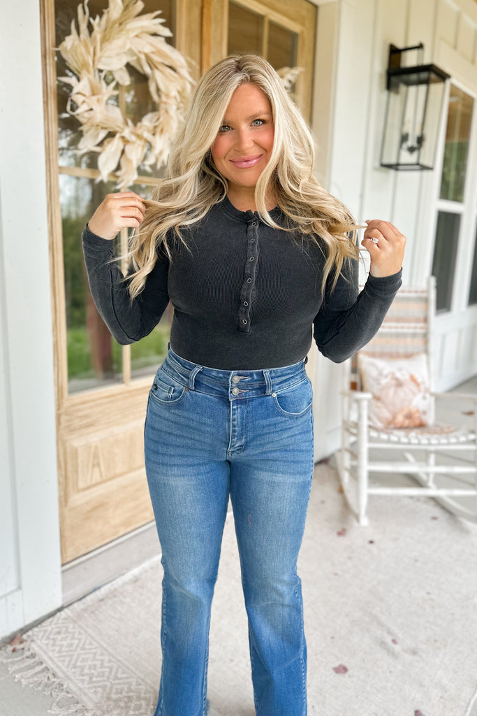 Maddi Mineral Washed Henley Long Sleeve Bodysuit - Be You Boutique