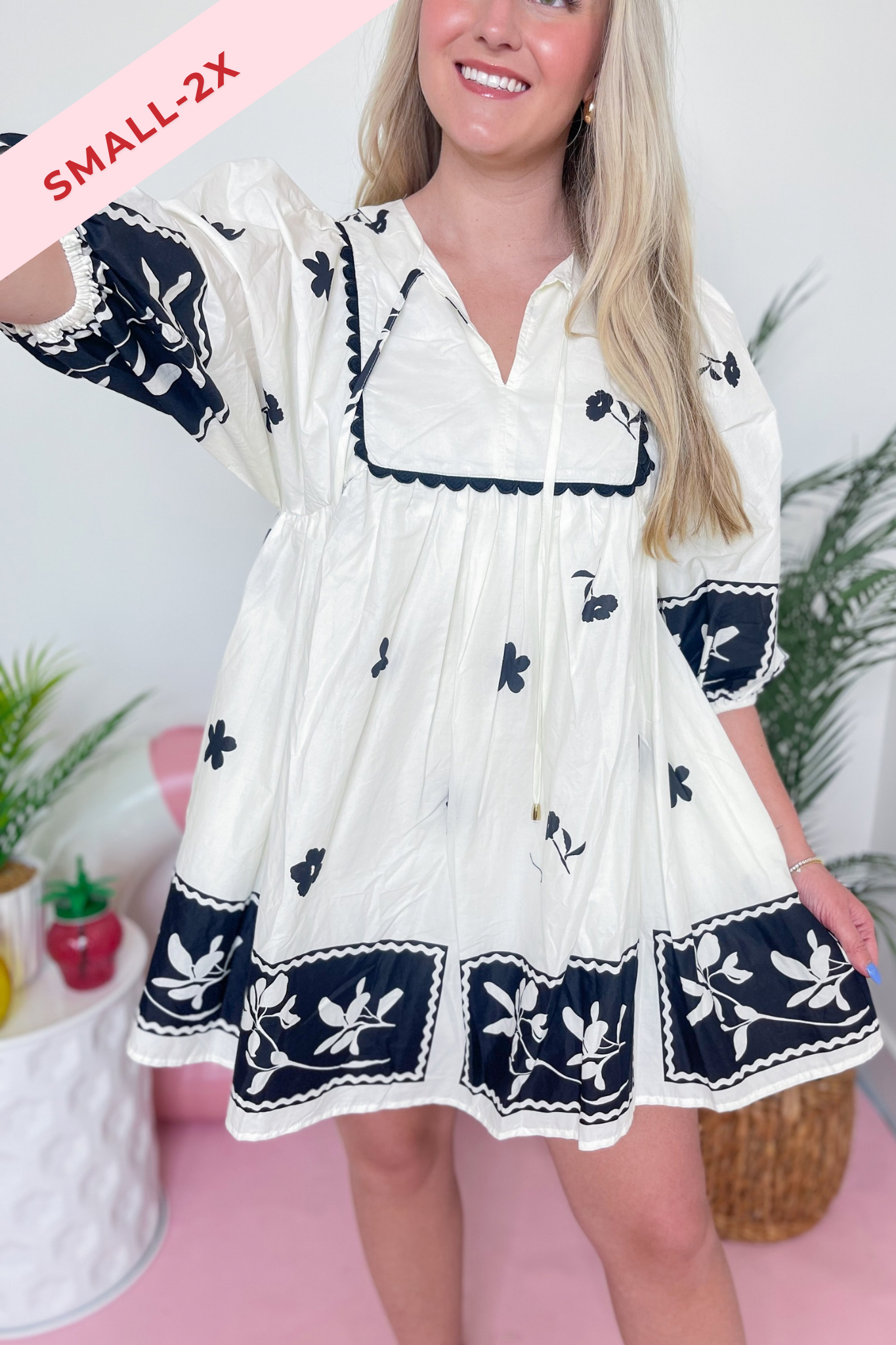 Lyla Floral Stenciled Scalloped Dress - Be You Boutique